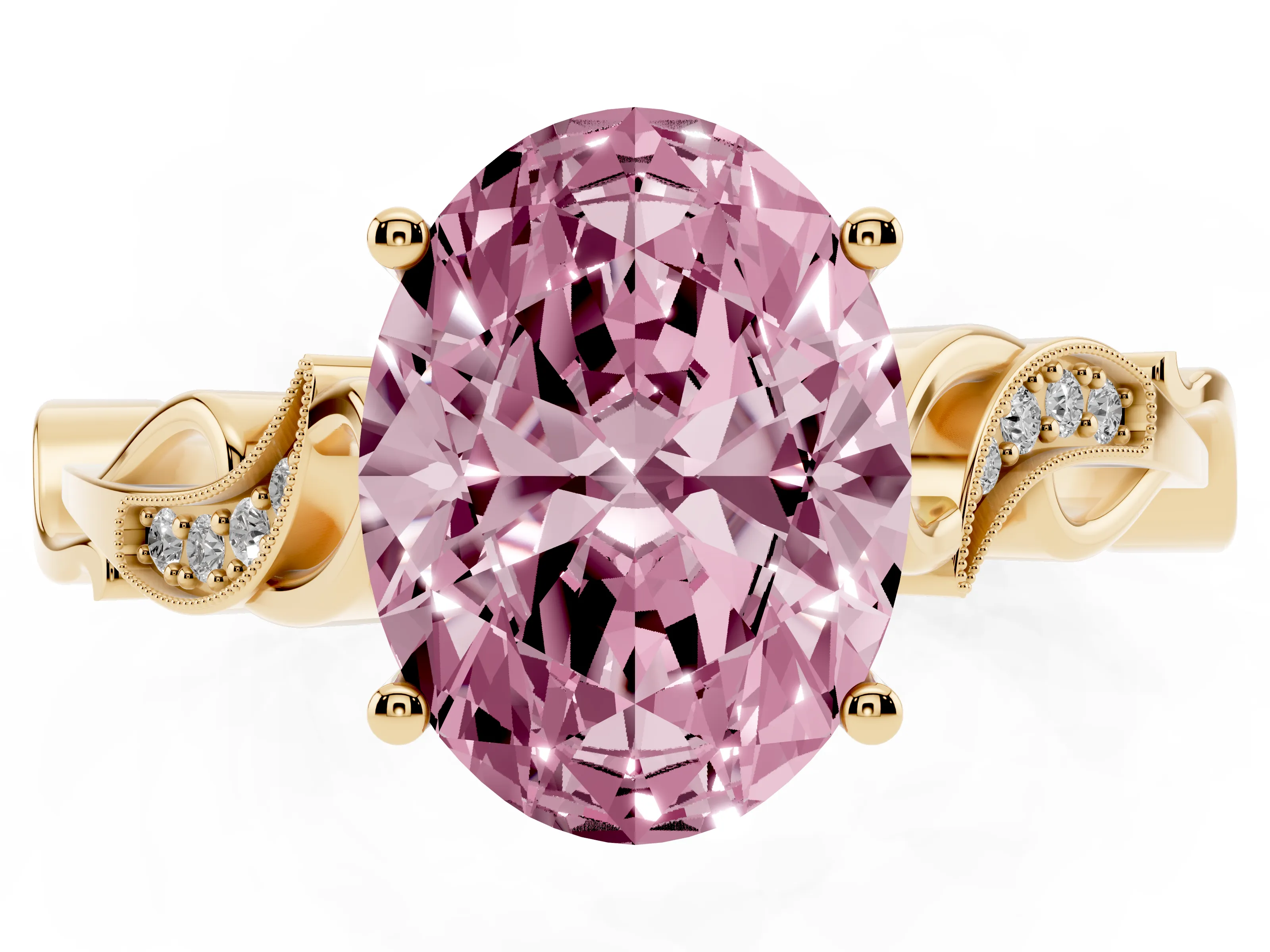 Fancy Pink Oval Cut Diamond Vine Band Solitaire Ring Set in Yellow gold with Milgrain Prong Setting