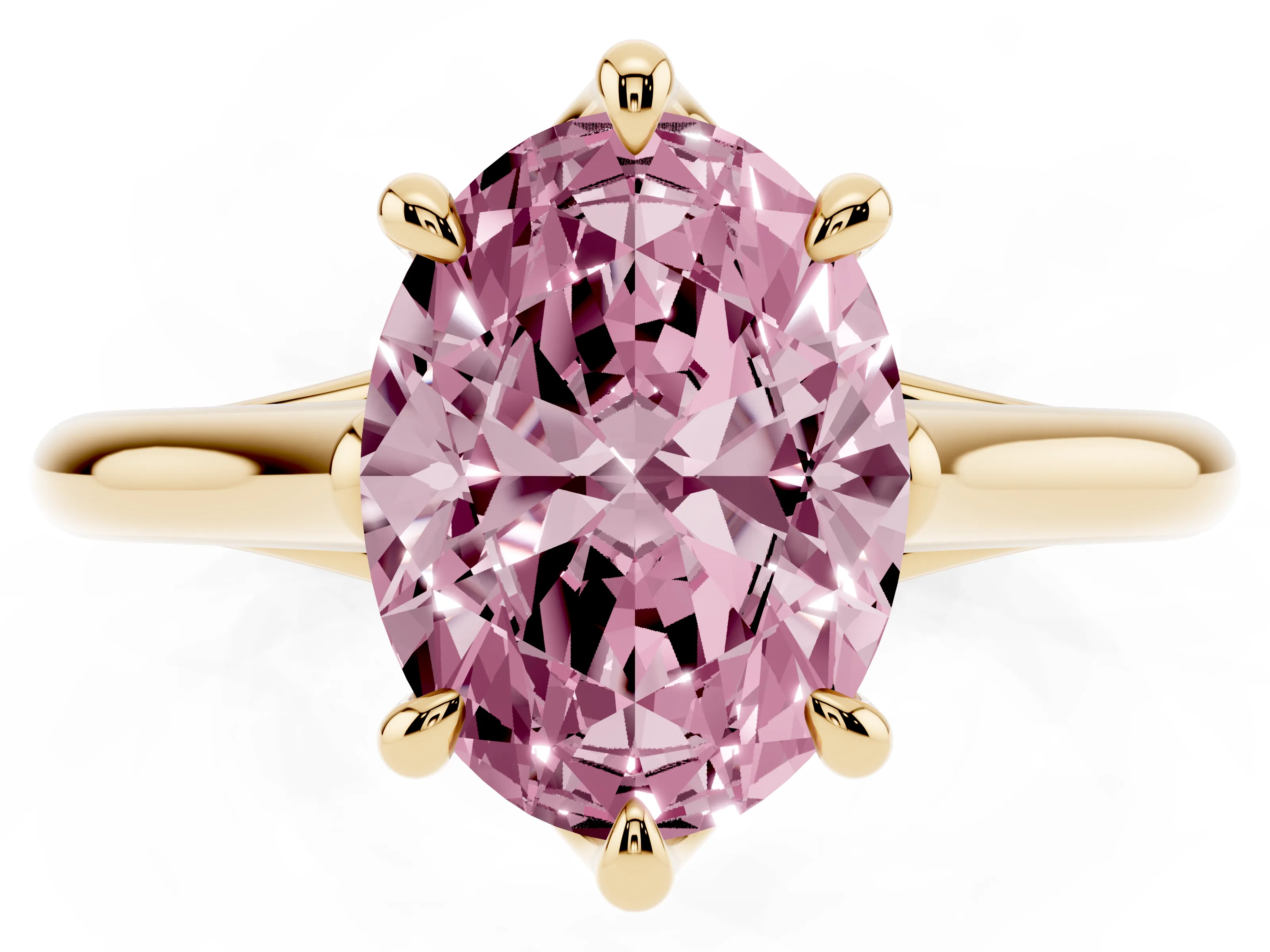Fancy Pink Oval Cut Diamond Solitaire Engagement Ring Set in Yellow gold with Prong Setting and Plain Classic Band