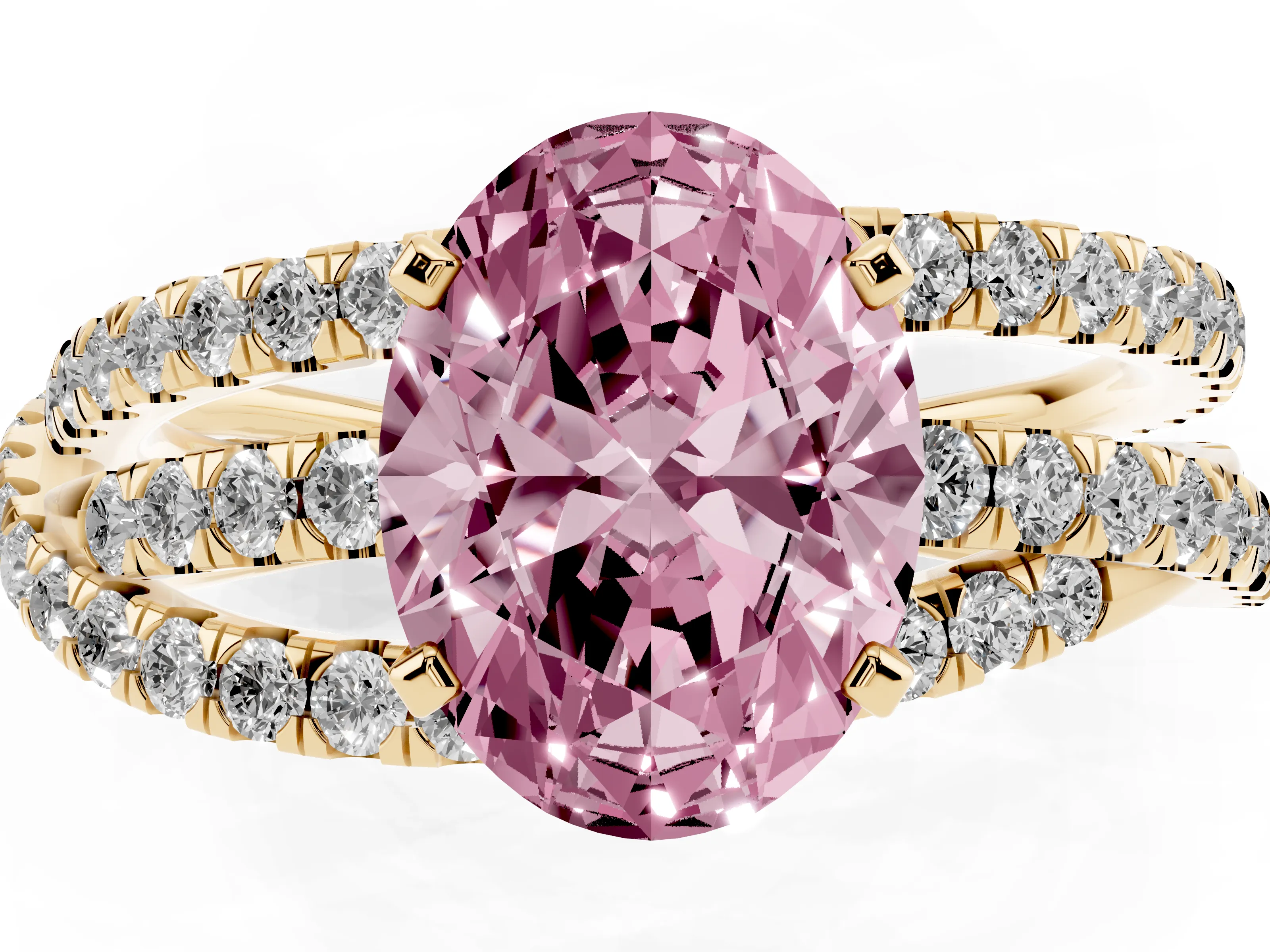 Fancy Pink Oval Cut Diamond Solitaire Twist Band Ring Set in Yellow gold with Pavé Setting and Prong Head