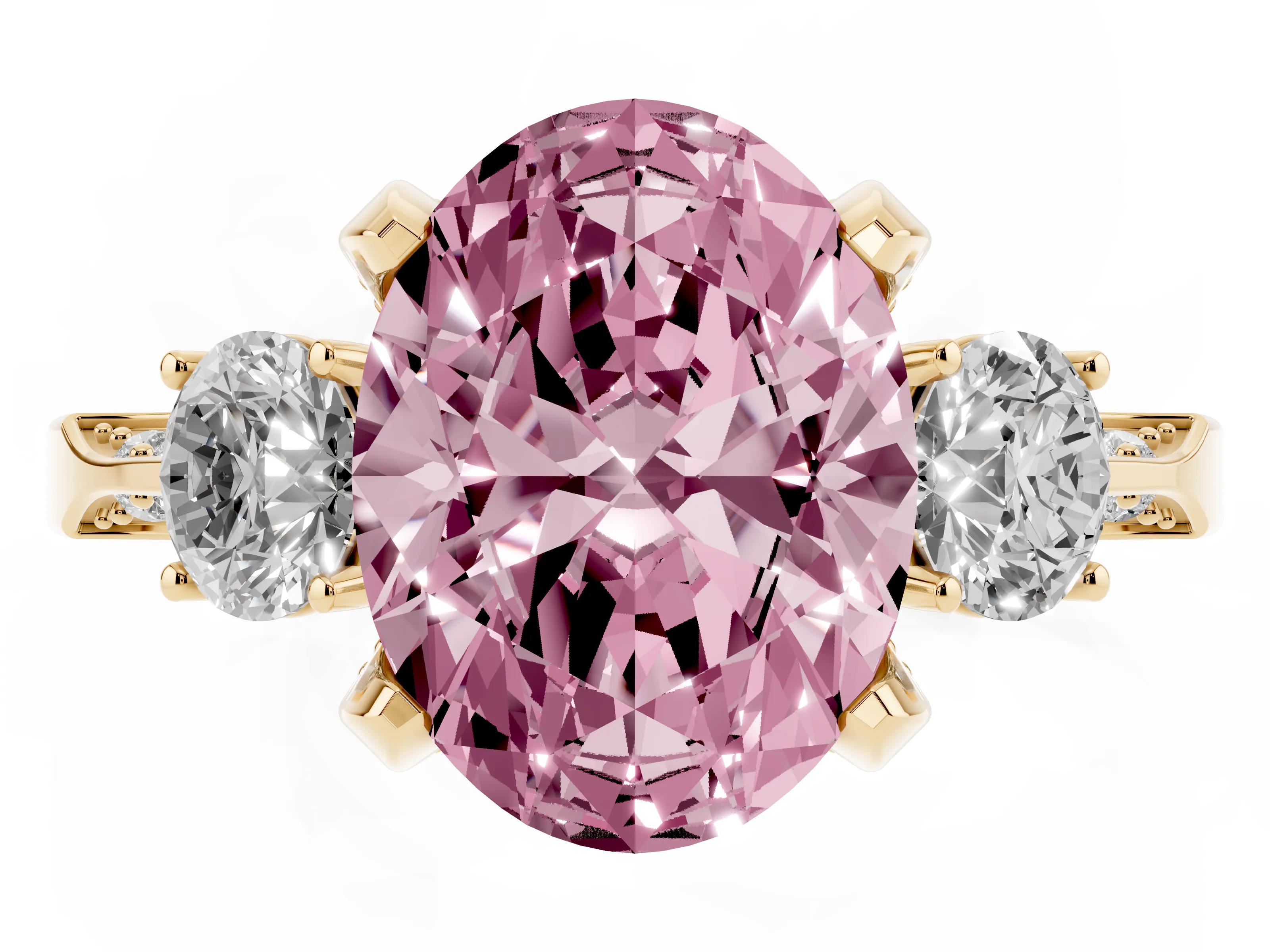 Fancy Pink Oval Cut Diamond Three-Stone Ring Set in Yellow gold with Pavé Band and Smaller Side Stones
