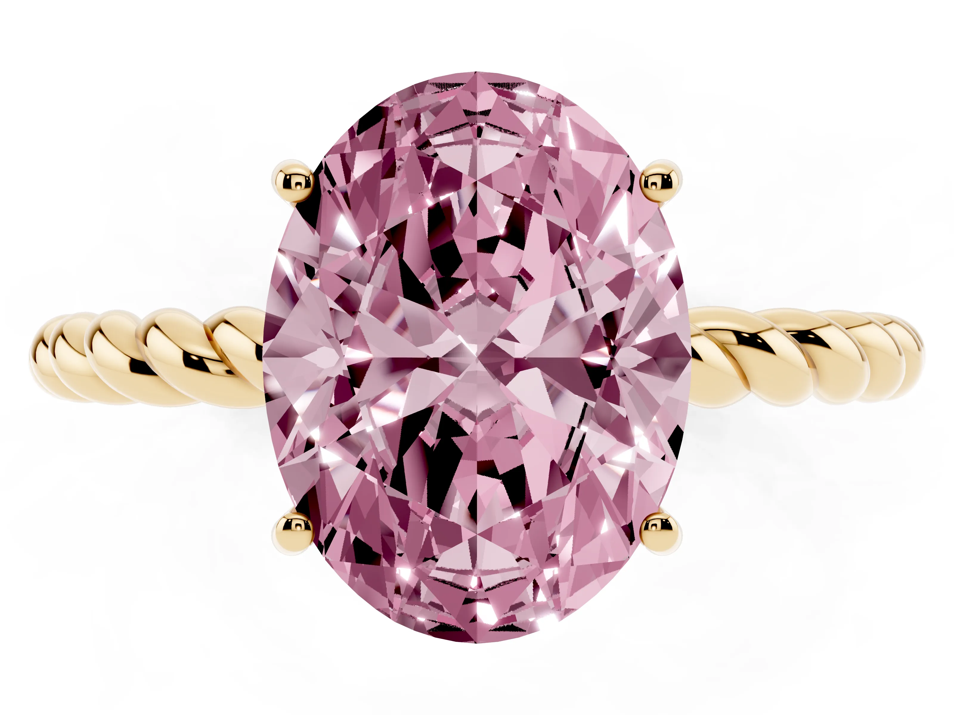 Fancy Pink Oval Cut Diamond Solitaire Ring Set in Yellow gold with Twist Band and Prong Setting