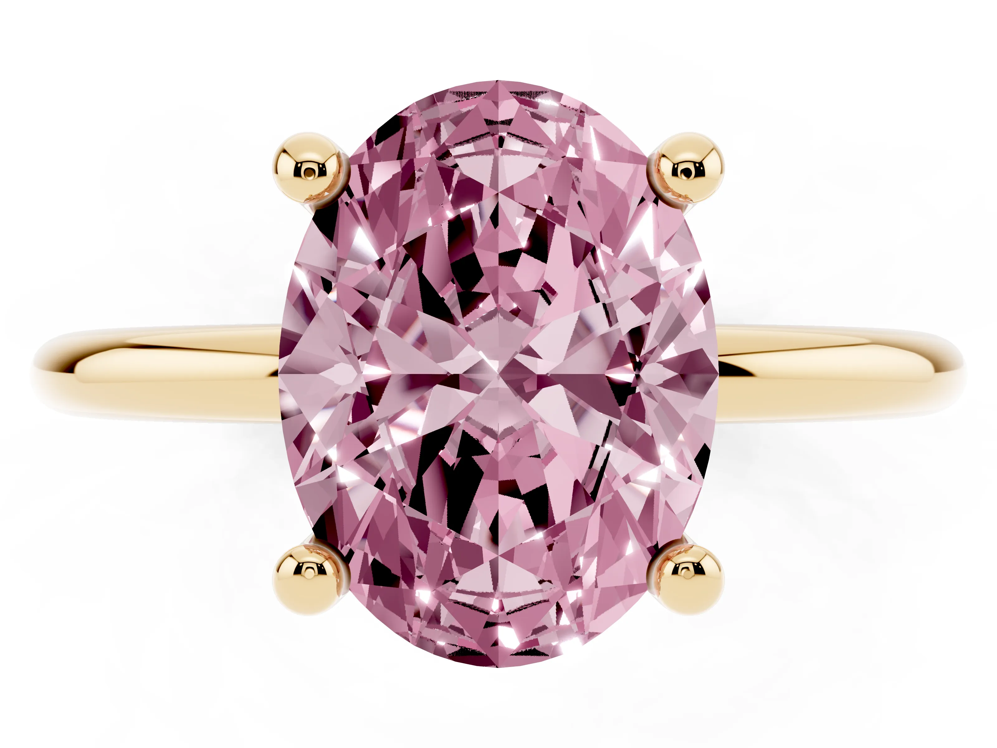 Fancy Pink Oval Cut Diamond Solitaire Ring Set in Yellow gold with Secure Prong Setting on a Classic Band