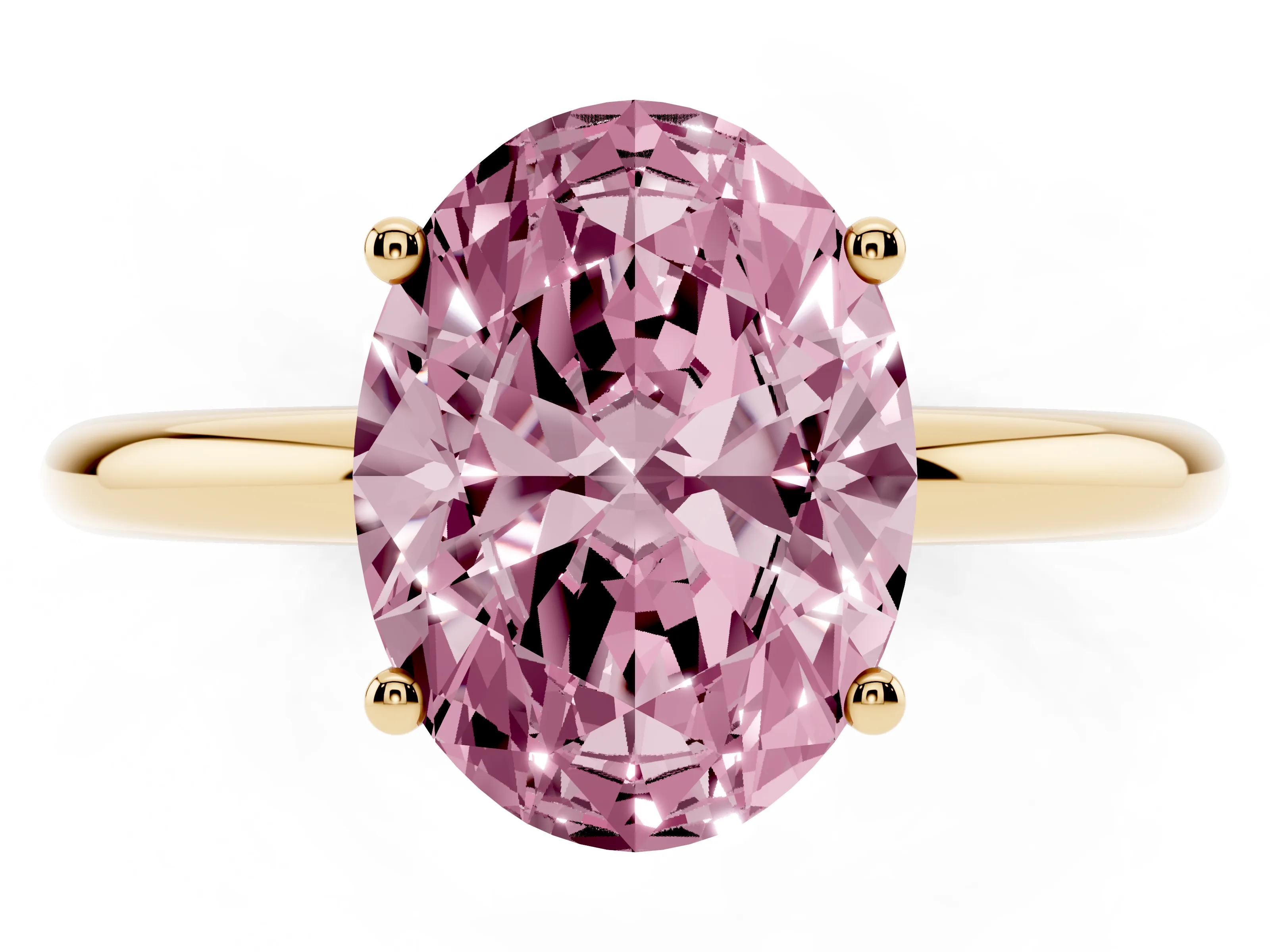 Fancy Pink Oval Cut Diamond Solitaire Engagement Ring Set in Yellow gold with Prong Setting and Polished Band