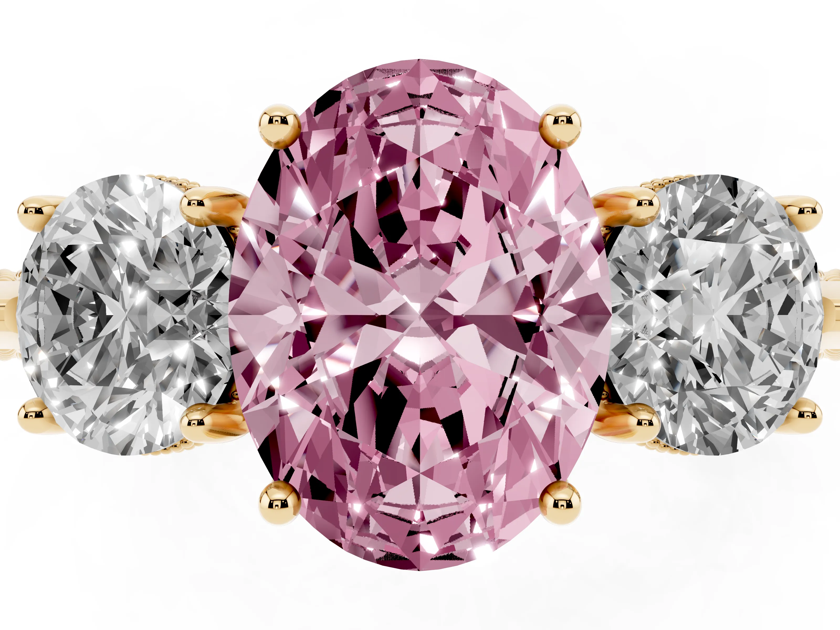 Fancy Pink Oval Cut Diamond Three-Stone Ring Set in Yellow gold with Milgrain Band