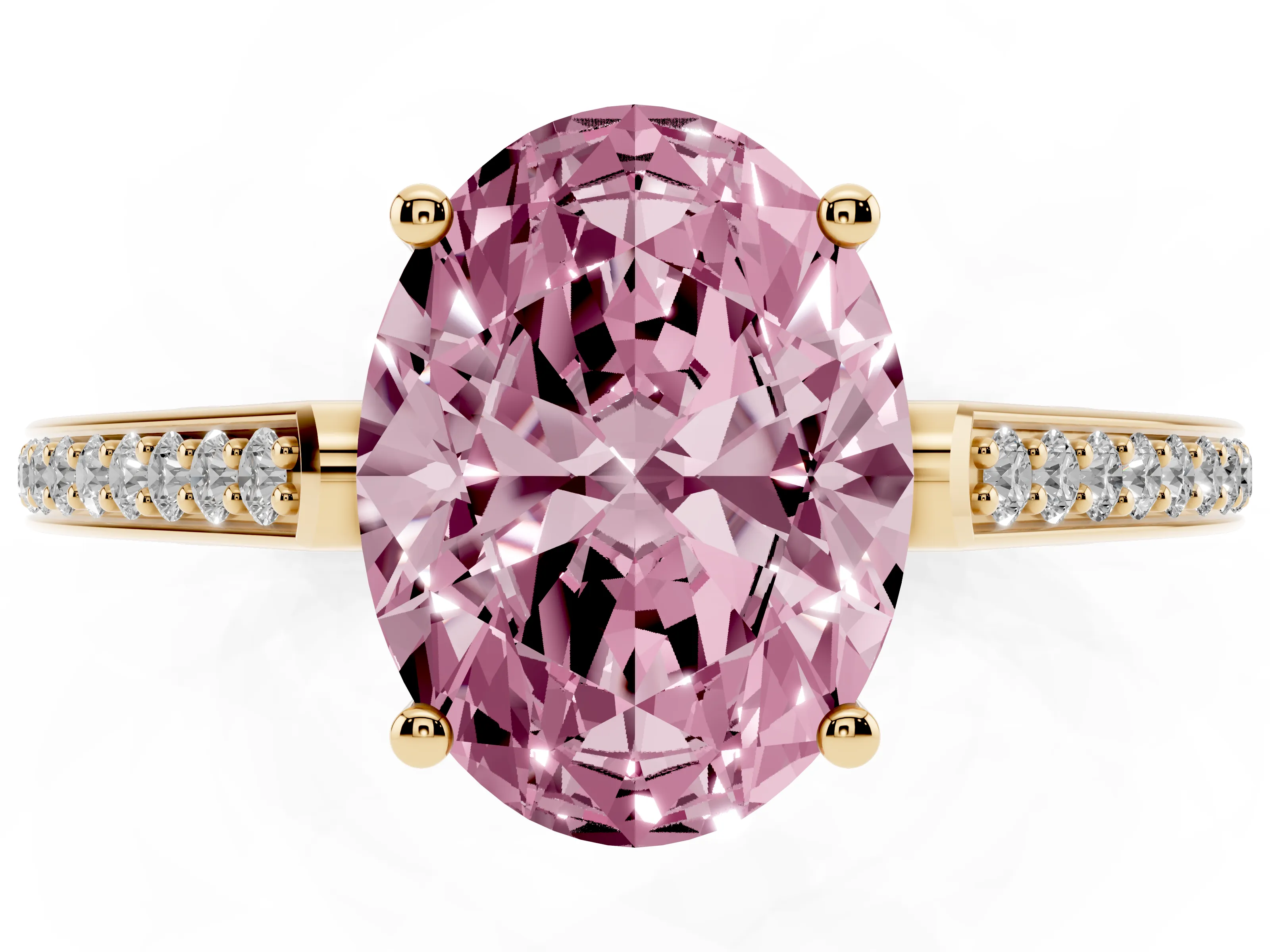 Fancy Pink Oval Cut Diamond Cathedral Pavé Engagement Ring Set in Yellow gold with Prong Setting
