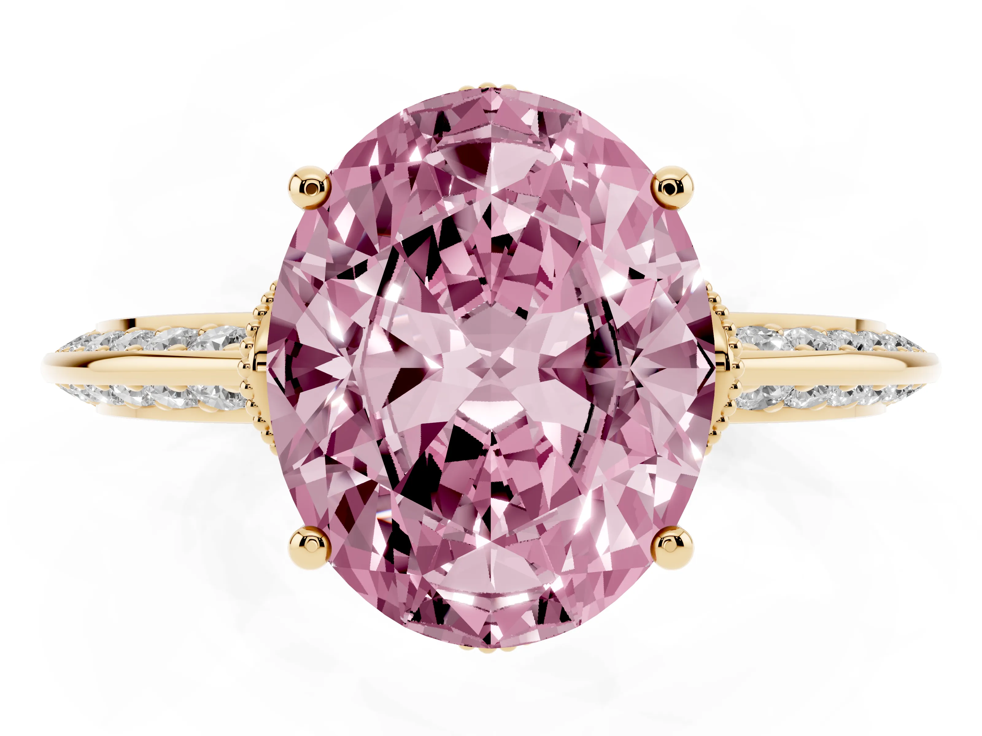Fancy Pink Oval Cut Diamond Solitaire Engagement Ring Set in Yellow gold with Pavé Split Shank and Prong Setting