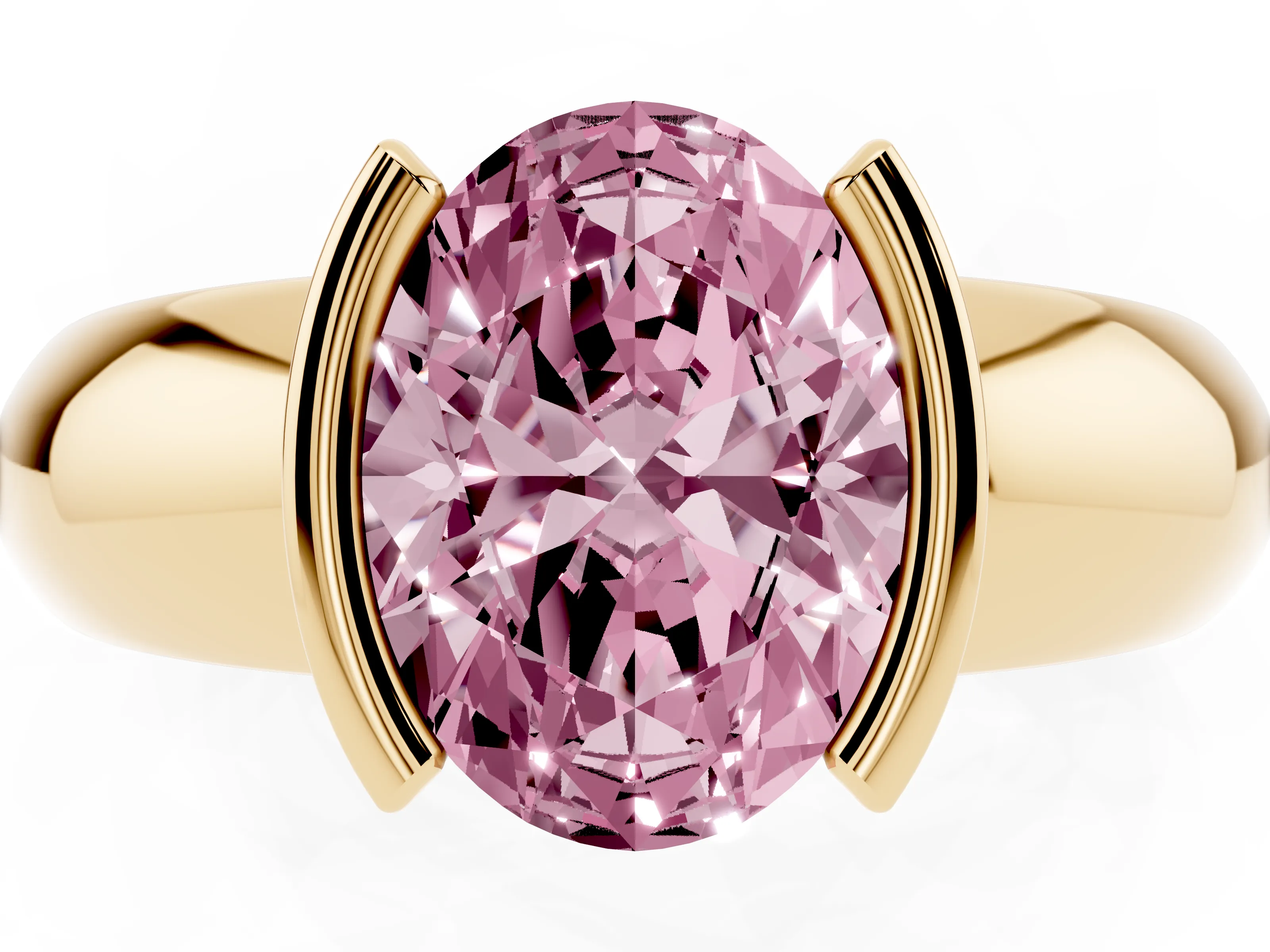 Fancy Pink Oval Cut Diamond Solitaire Tension Set Ring Set in Yellow gold with Wide Band