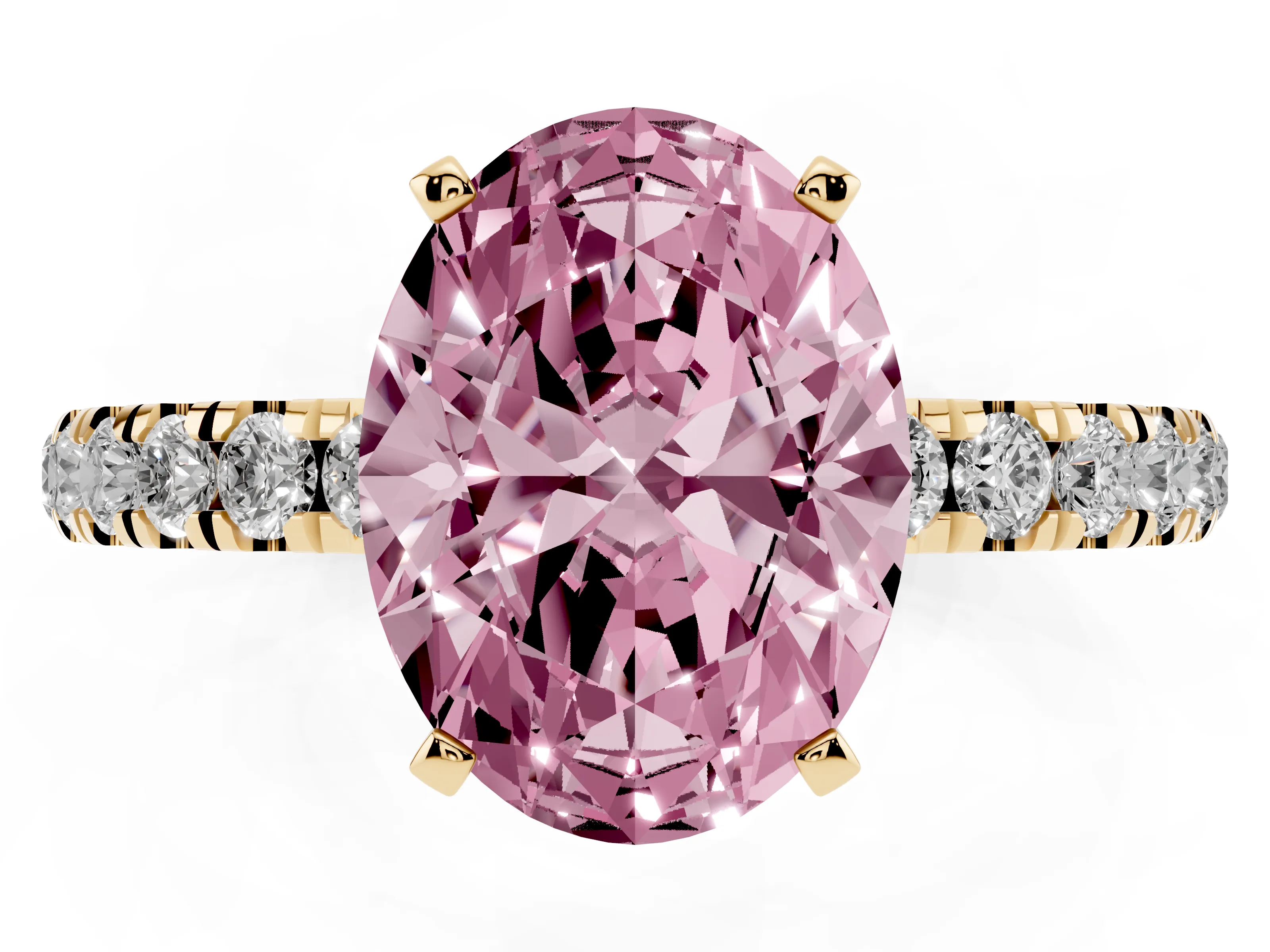 Fancy Pink Oval Cut Diamond Solitaire Ring Set in Yellow gold with Pavé Accents and Prong Setting