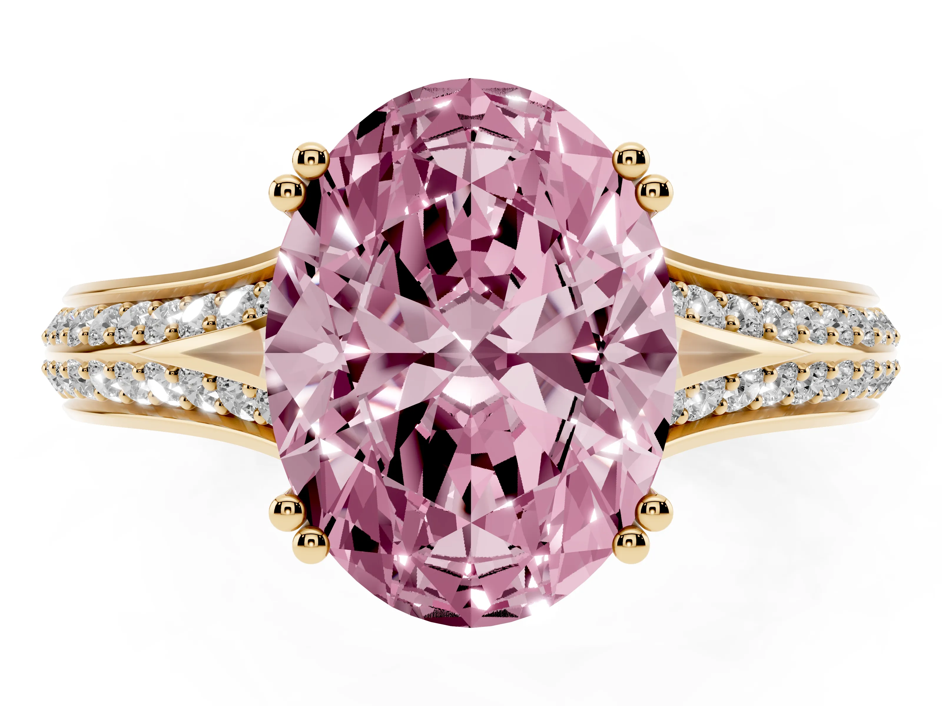 Fancy Pink Oval Cut Diamond Split Shank Pavé Engagement Ring Set in Yellow gold with Prong-Set Center Stone