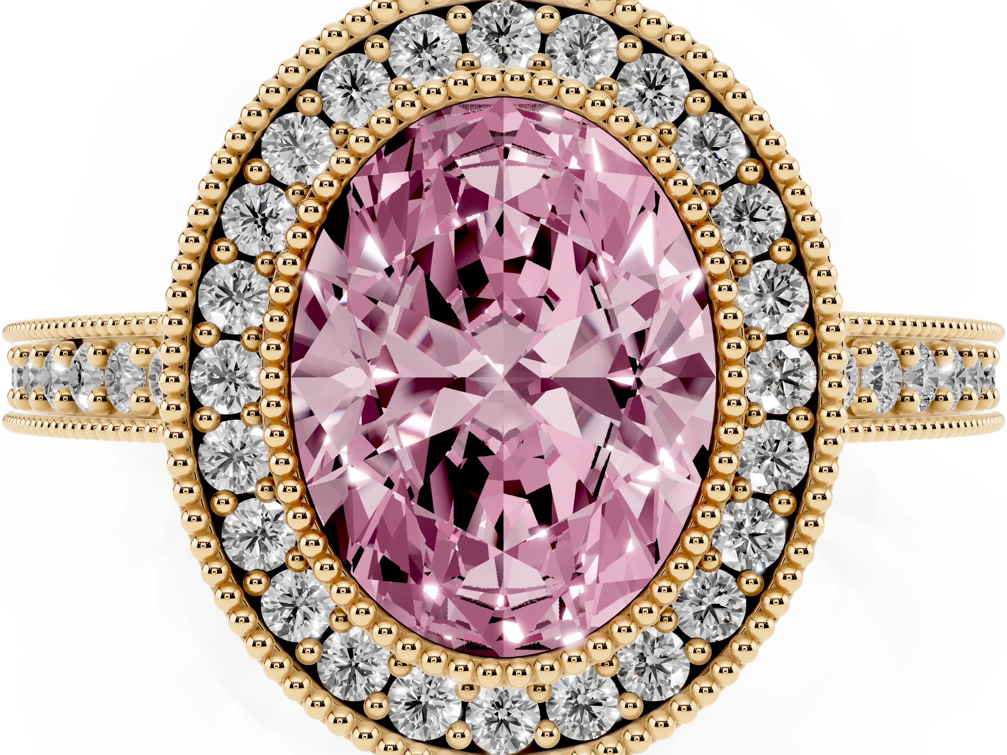 Fancy Pink Oval Cut Diamond Halo Engagement Ring Set in Yellow gold with Pavé Band and Round Halo Stones