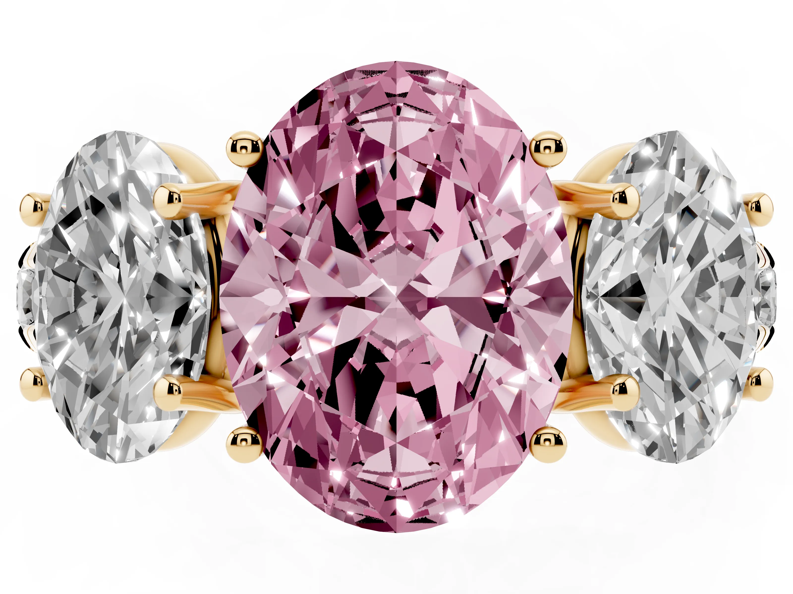 Fancy Pink Oval Cut Diamond Three-Stone Ring Set in Yellow gold with Pavé Band