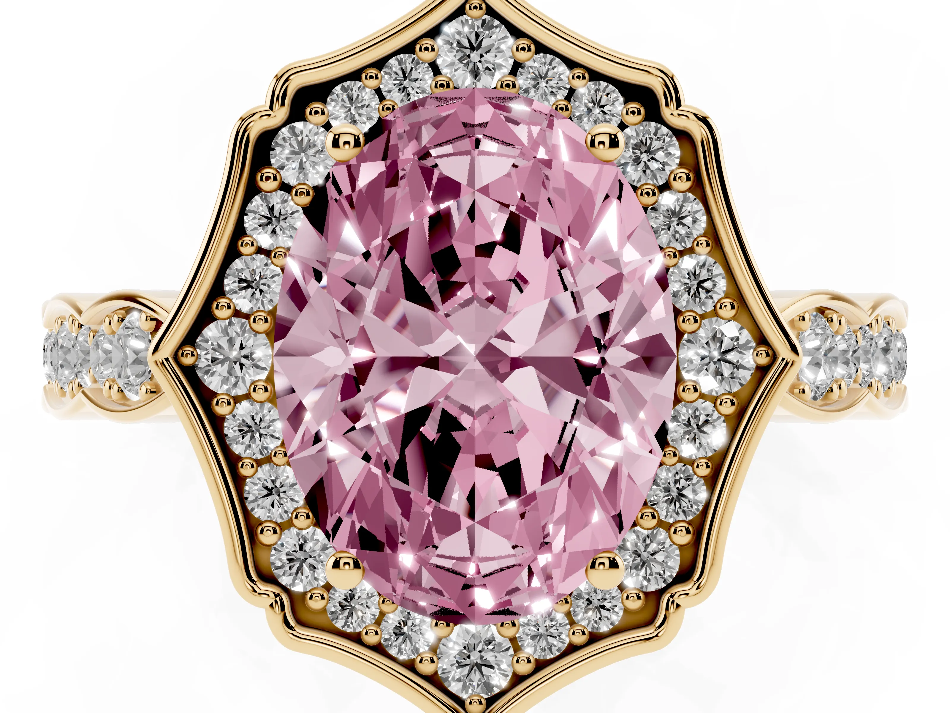 Fancy Pink Oval Cut Diamond Halo Engagement Ring Set in Yellow gold with Milgrain Band and Prong Setting