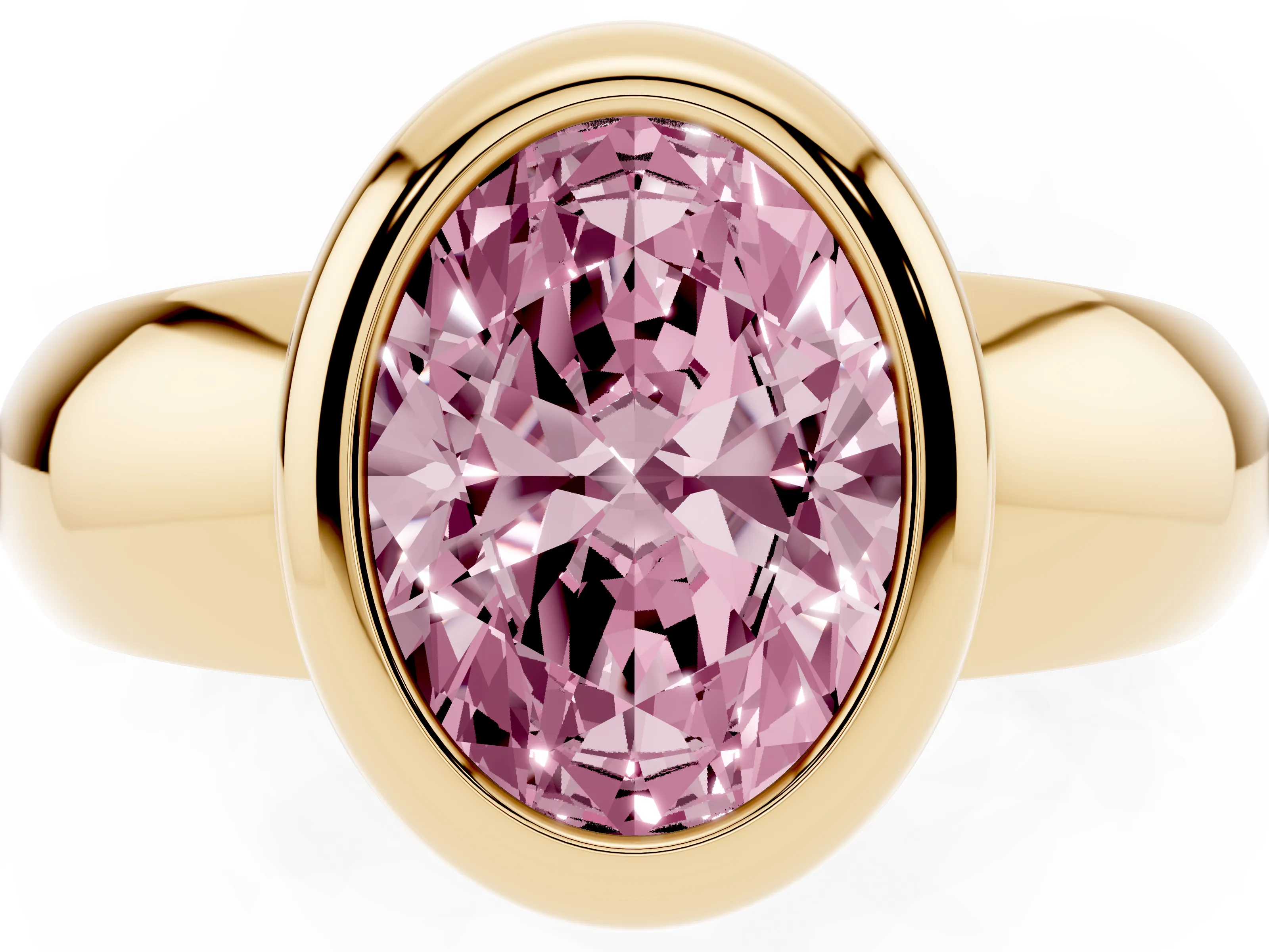 Fancy Pink Bezel Set Oval Cut Diamond Solitaire Ring Set in Yellow gold with Wide Band