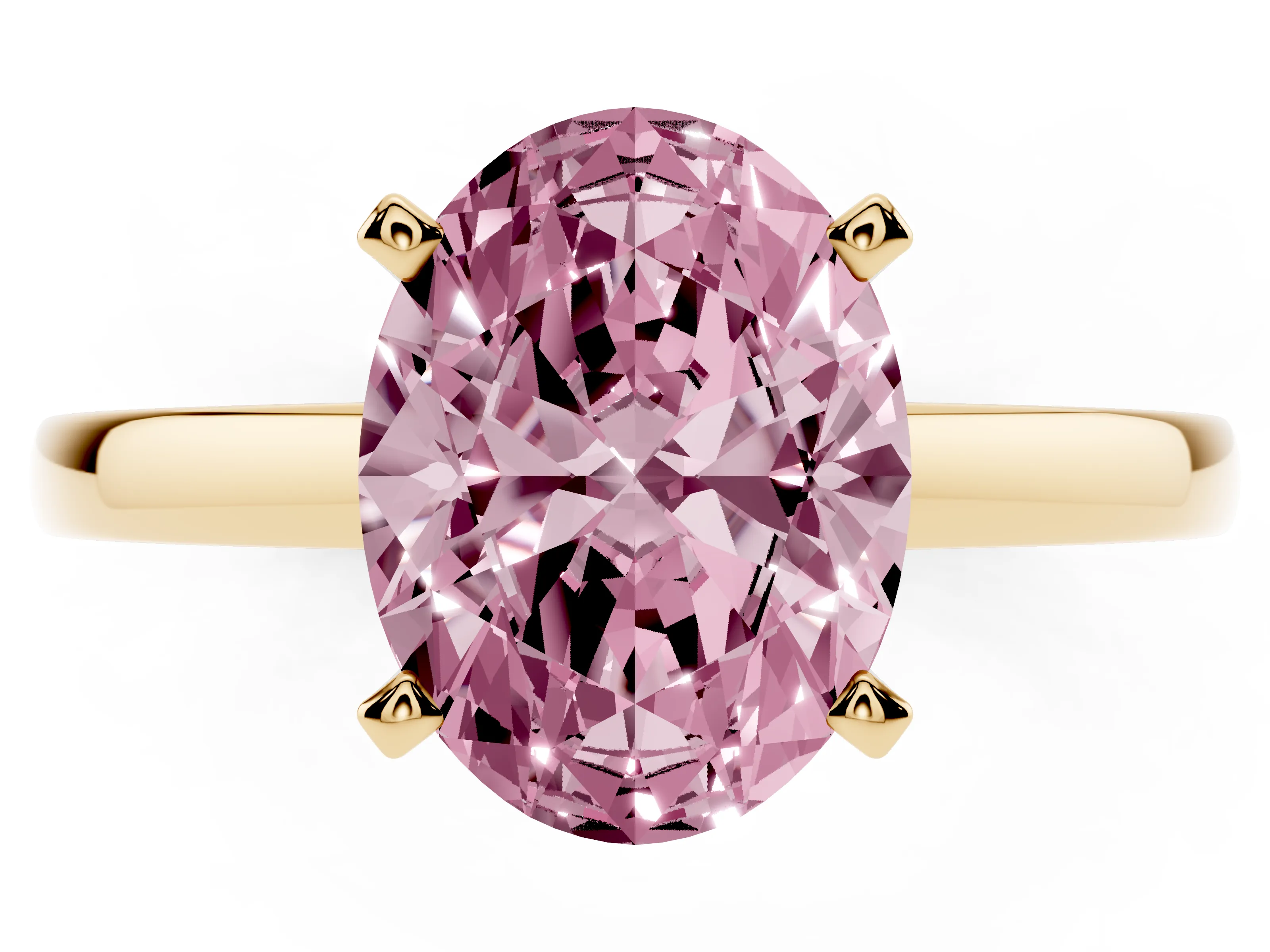 Fancy Pink Oval Cut Diamond Solitaire Engagement Ring Set in Yellow gold with Prong Setting on a Classic Band