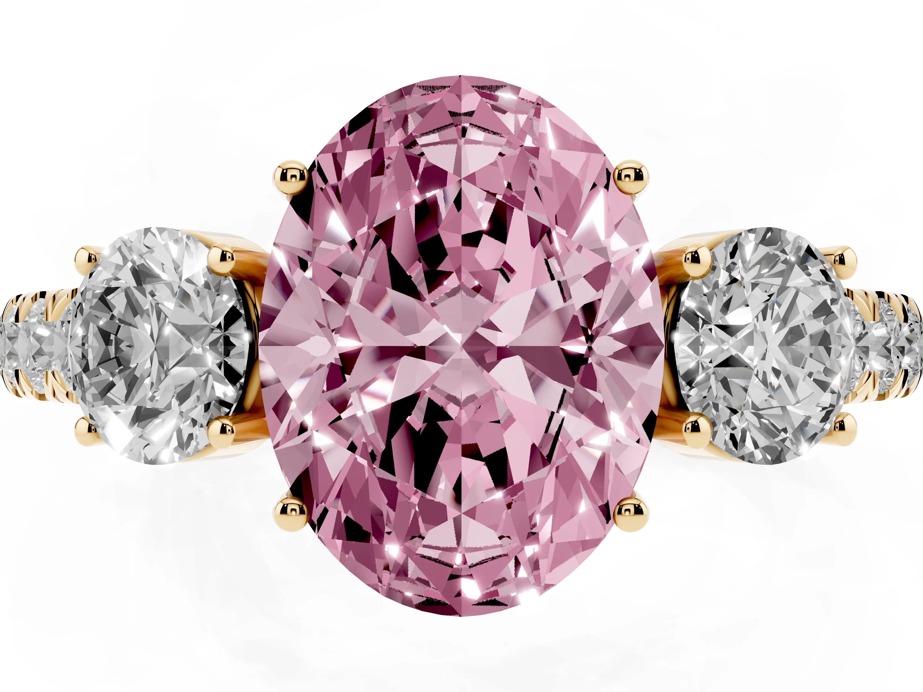 Fancy Pink Oval Cut Diamond Three-Stone Ring Set in Yellow gold with Round Side Stones and Delicate Pavé Band