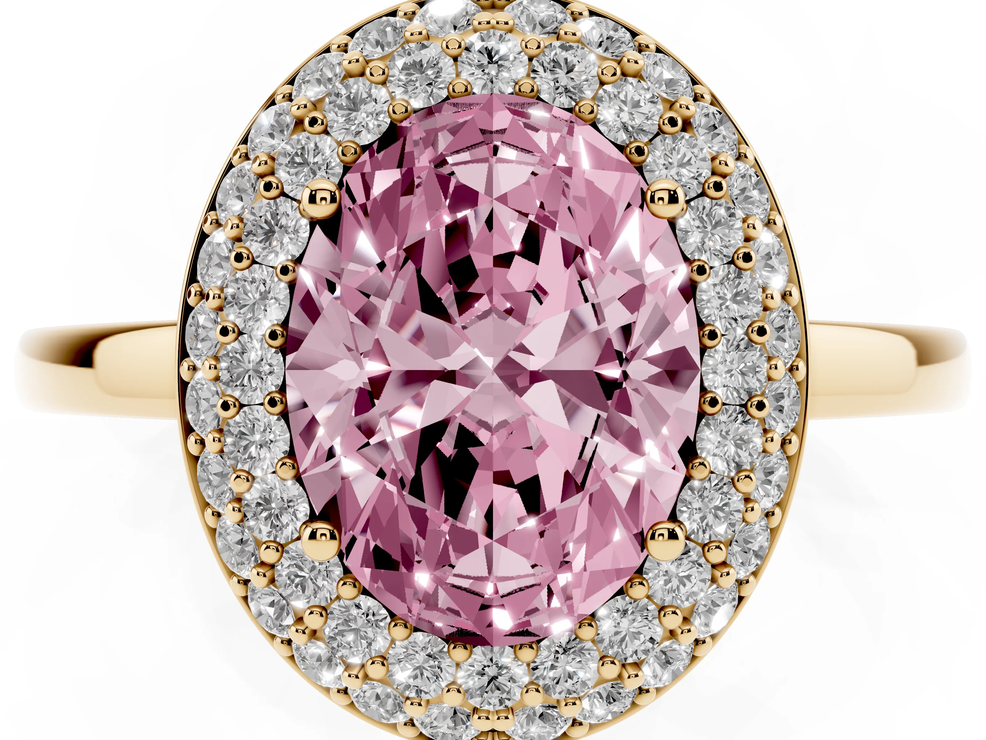Fancy Pink Oval Cut Diamond Halo Engagement Ring Set in Yellow gold with Solitaire Band and Prong Setting