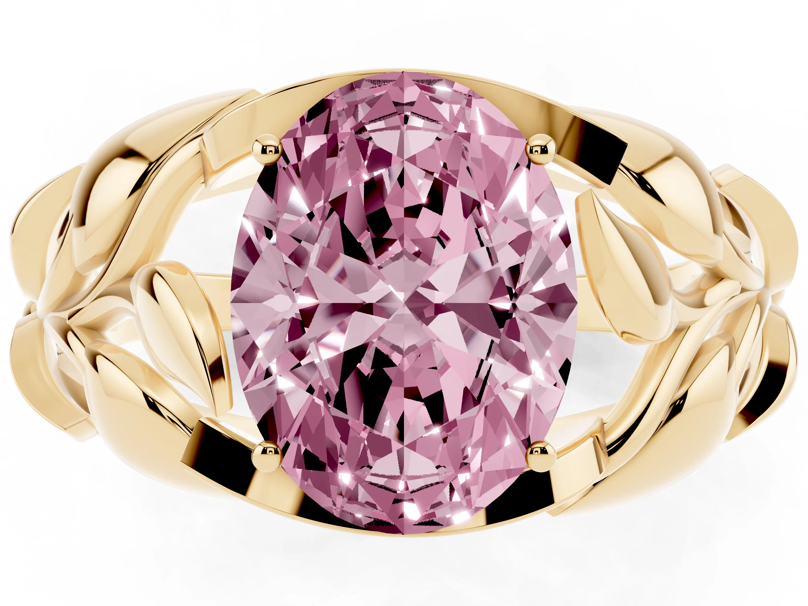 Fancy Pink Oval Cut Diamond Leaf-Inspired Engagement Ring Set in Yellow gold with Round Accents