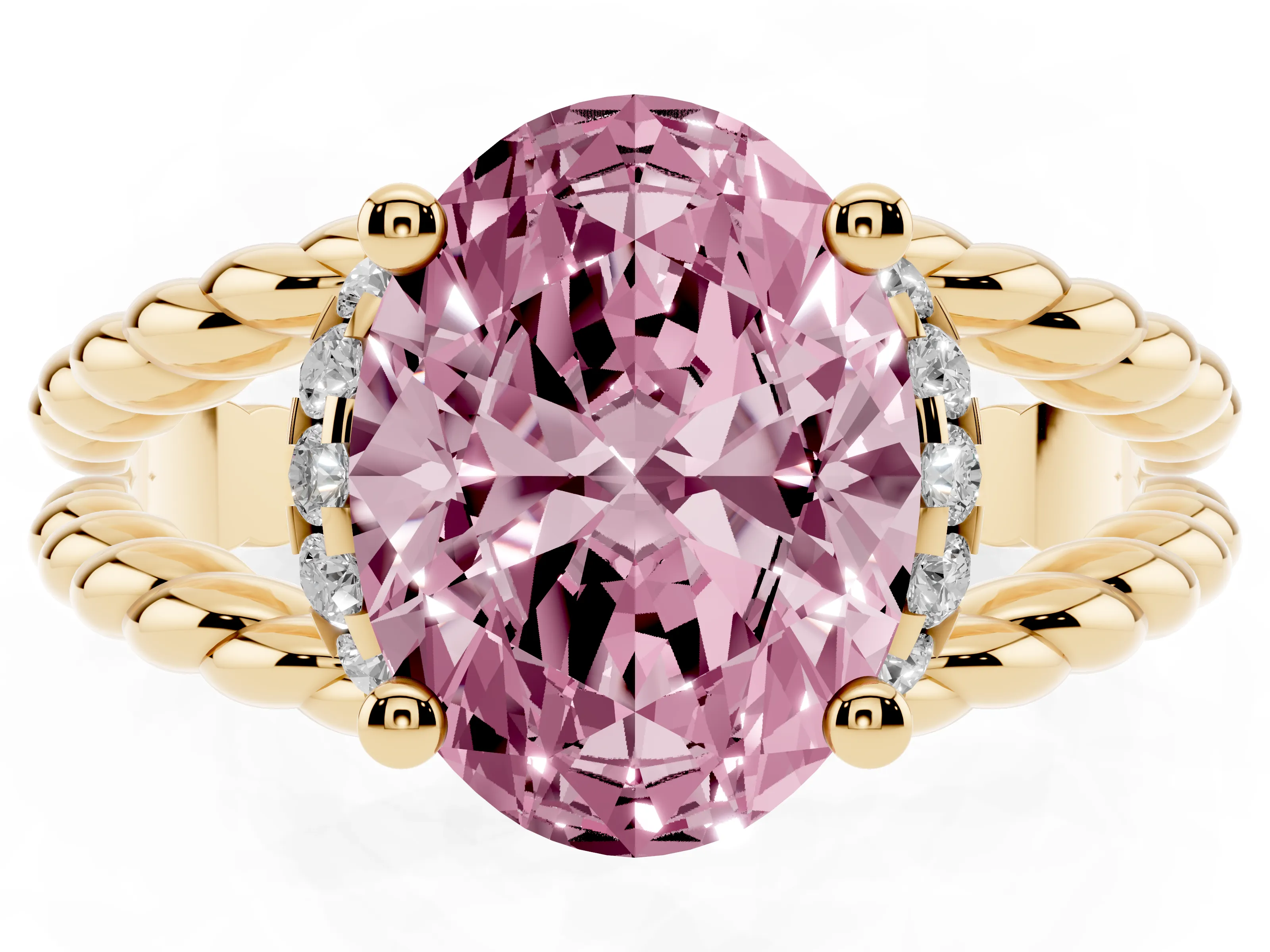 Fancy Pink Oval Cut Diamond Halo Ring Set in Yellow gold with Twisted Band and Prong Setting