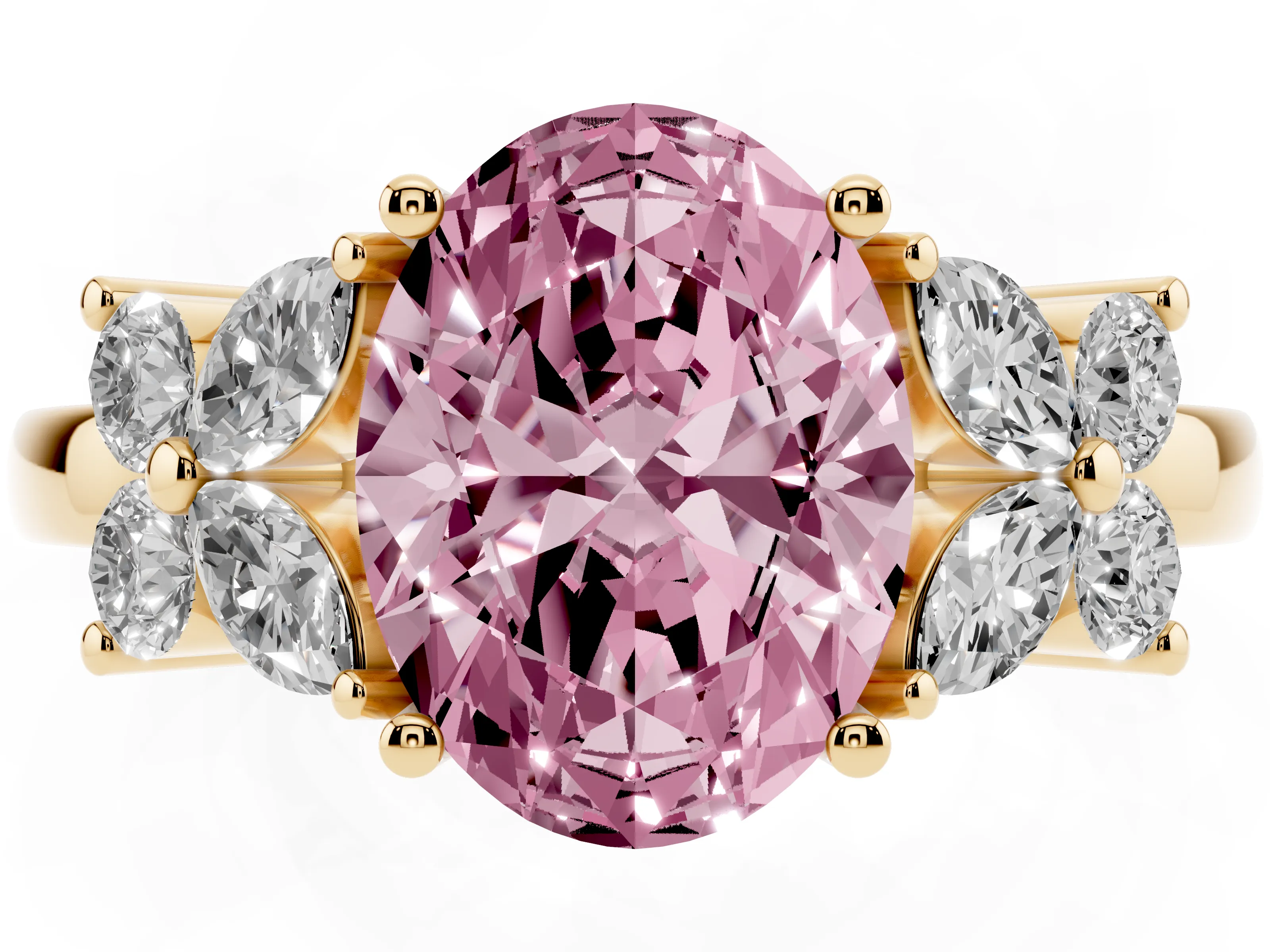 Fancy Pink Oval Cut Diamond Floral Cluster Ring Set in Yellow gold with Marquise Petals and Prong Setting