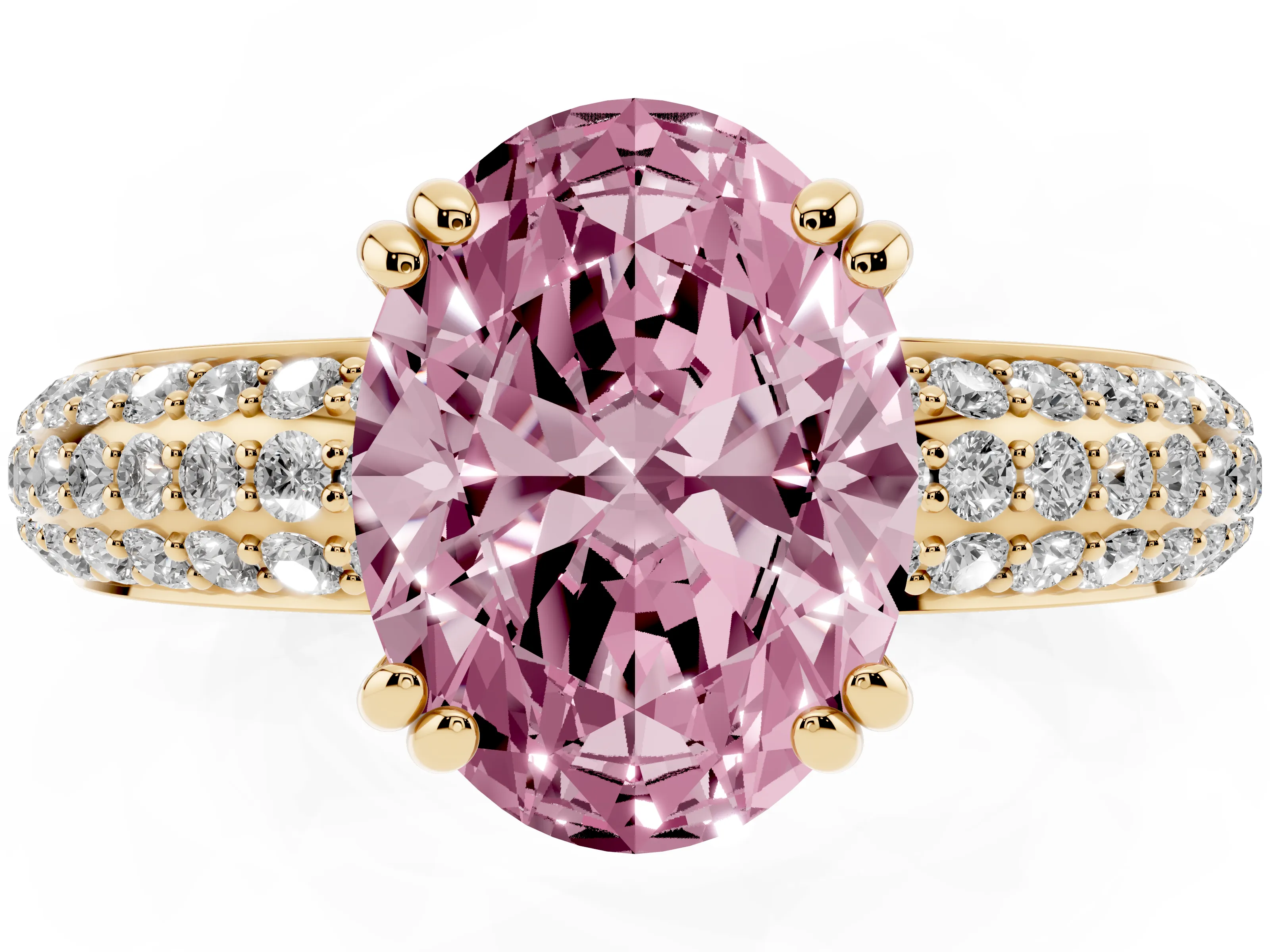 Fancy Pink Oval Cut Diamond Solitaire Ring Set in Yellow gold with Multi-Row Round Pavé Band and Prong Setting