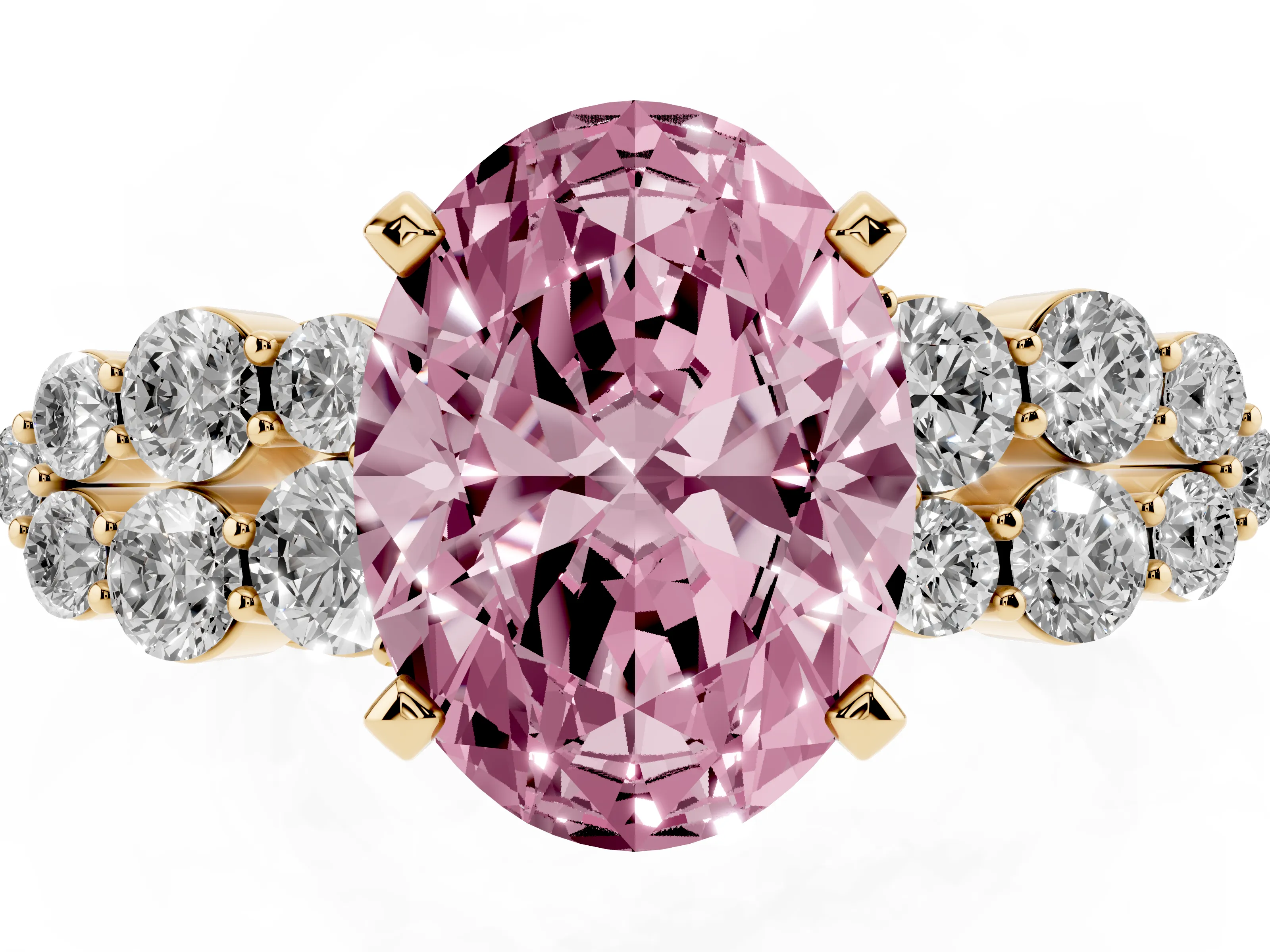 Fancy Pink Oval Cut Diamond Cluster Engagement Ring Set in Yellow gold with Pavé Band and Prong Setting