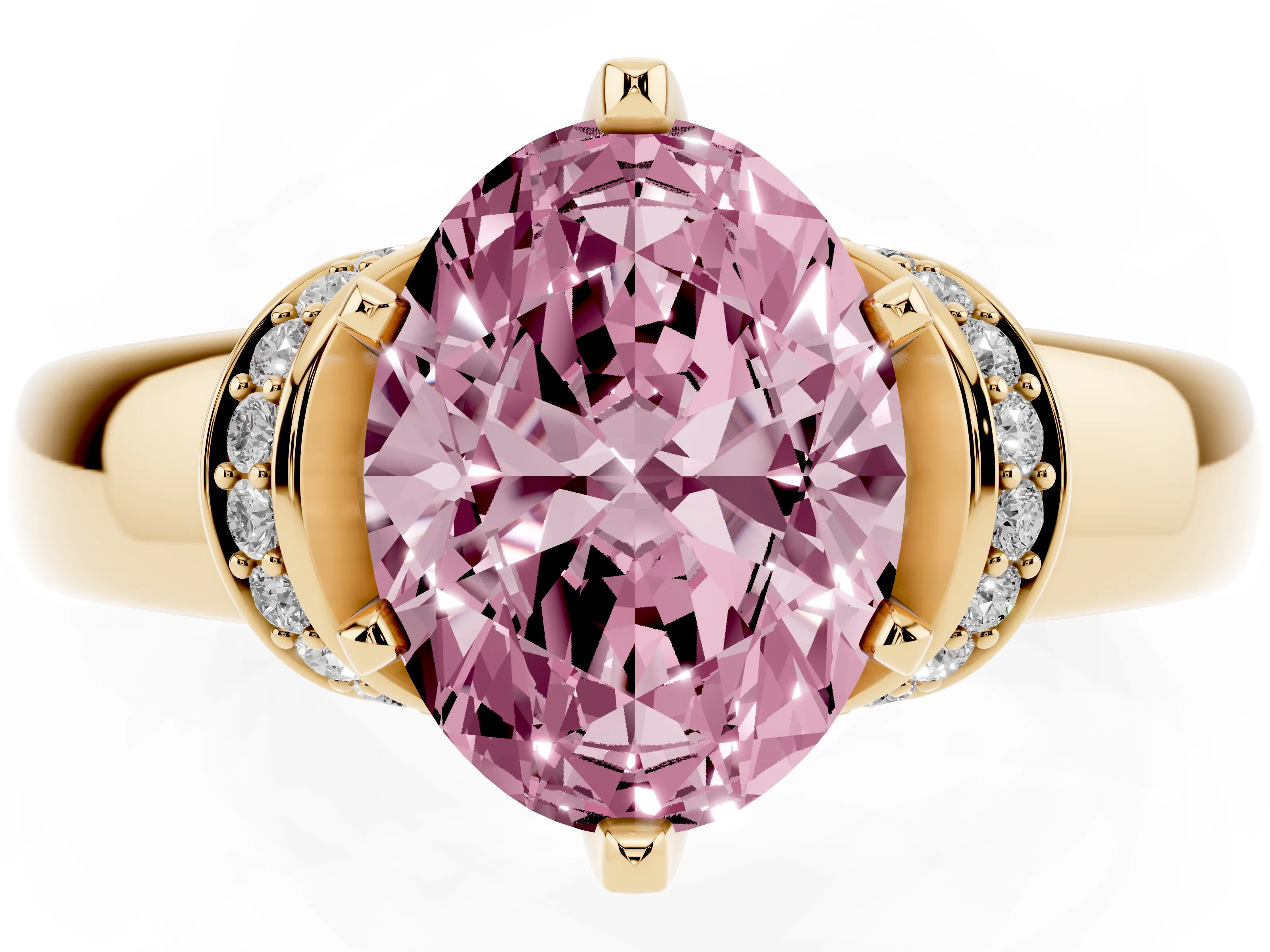 Fancy Pink Oval Cut Diamond Pavé Band Solitaire Ring Set in Yellow gold with Prong Setting