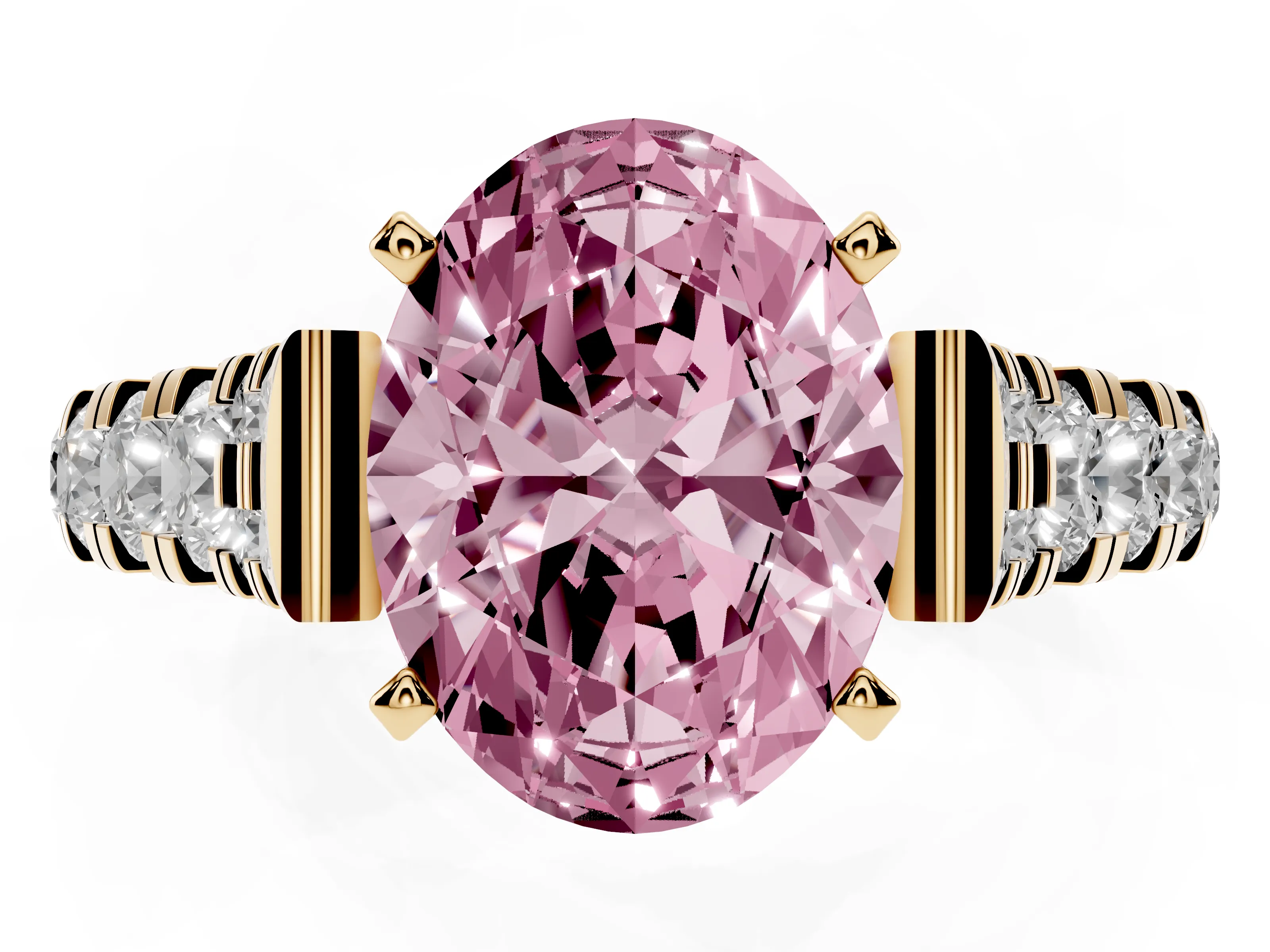 Fancy Pink Oval Cut Diamond Classic Solitaire Ring Set in Yellow gold with Pavé Band and Prong Setting