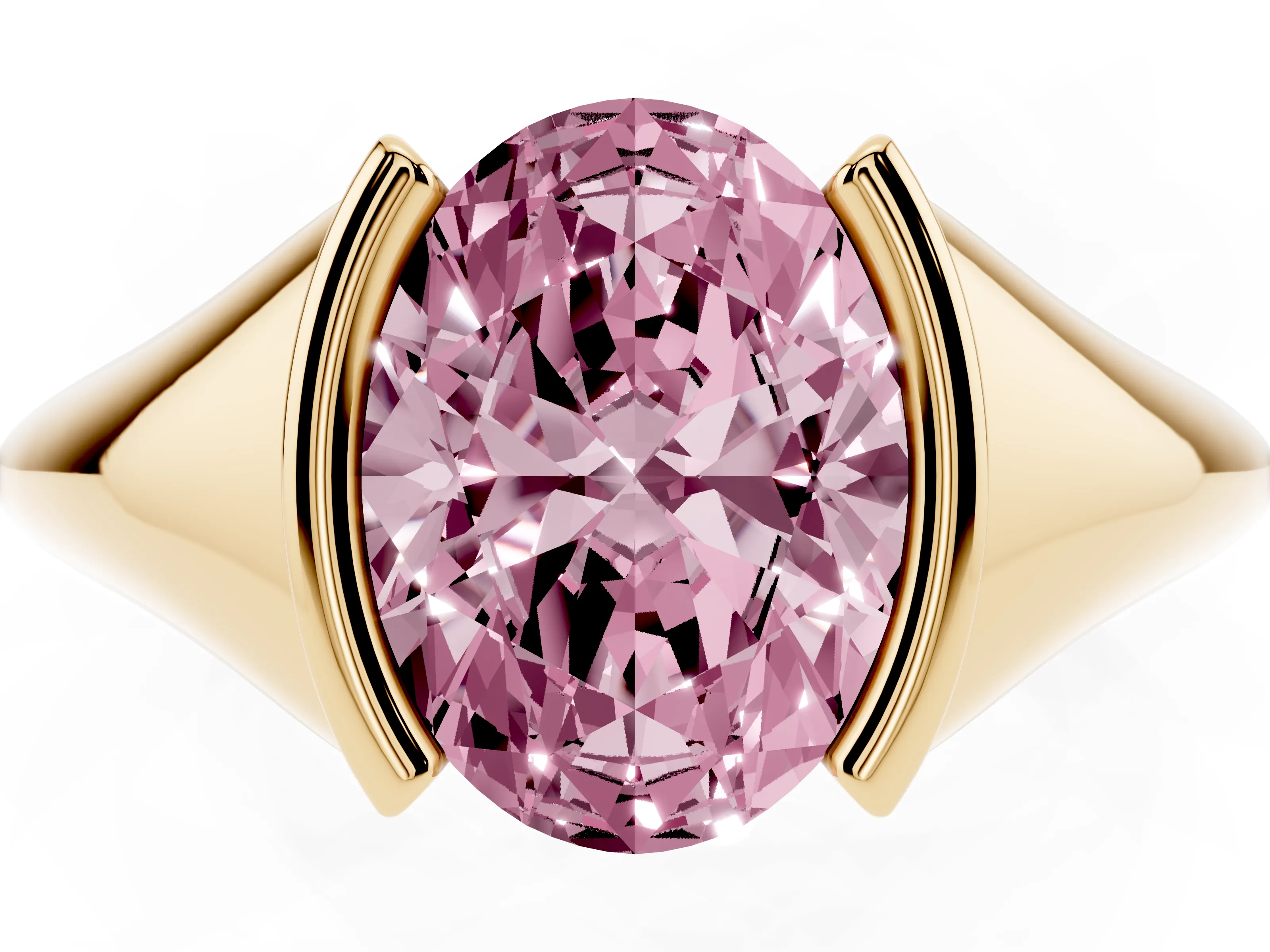 Fancy Pink Oval Cut Diamond Solitaire Tension Set Ring Set in Yellow gold
