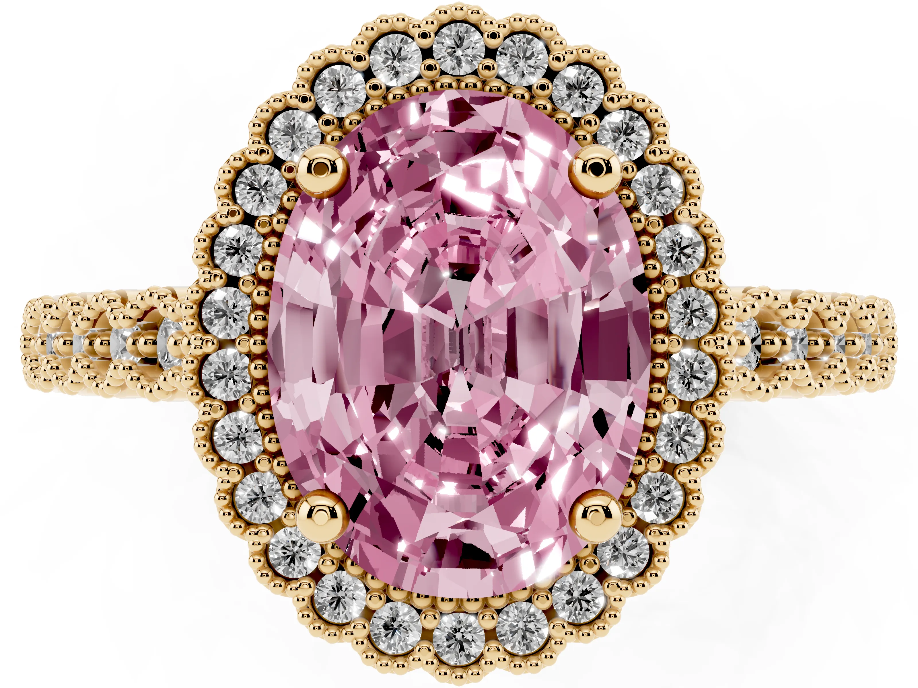 Fancy Pink Oval Cut Diamond Halo Ring Set in Yellow gold with Pavé Milgrain Band