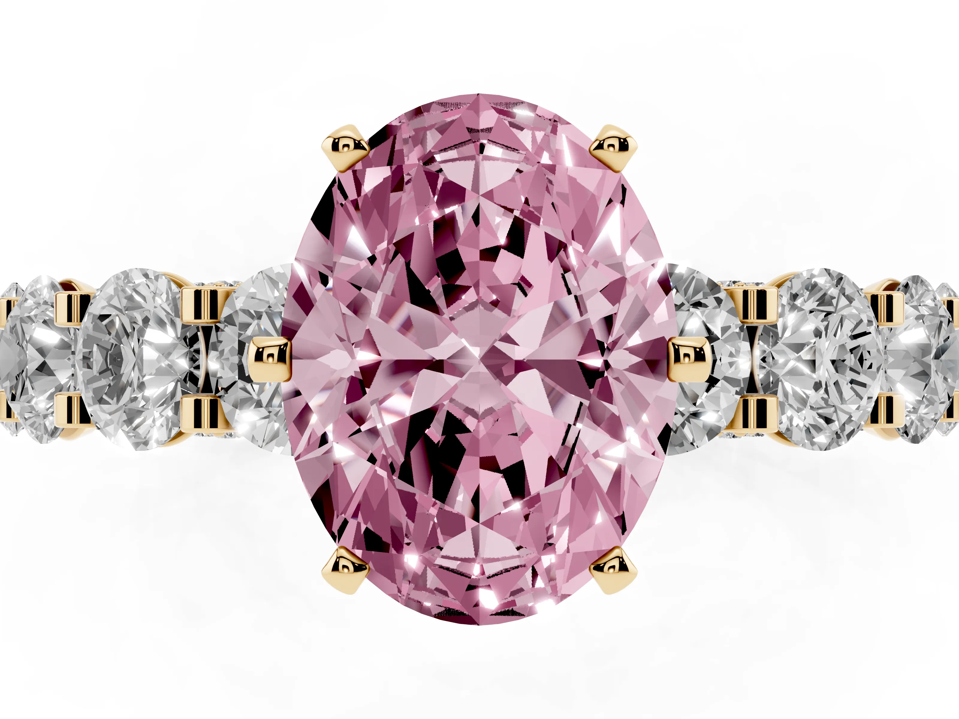 Fancy Pink Oval Cut Diamond Side Stone Ring Set in Yellow gold with Alternating Round and Oval Side Stones