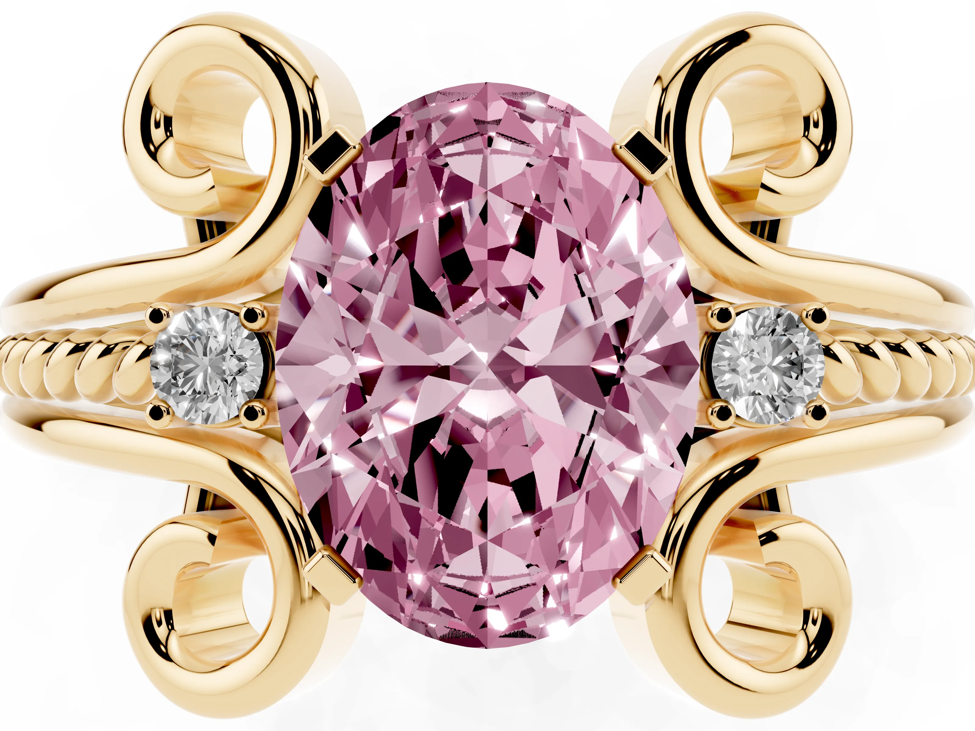 Fancy Pink Oval Cut Diamond Twisted Band Solitaire Ring Set in Yellow gold with Scroll Prongs