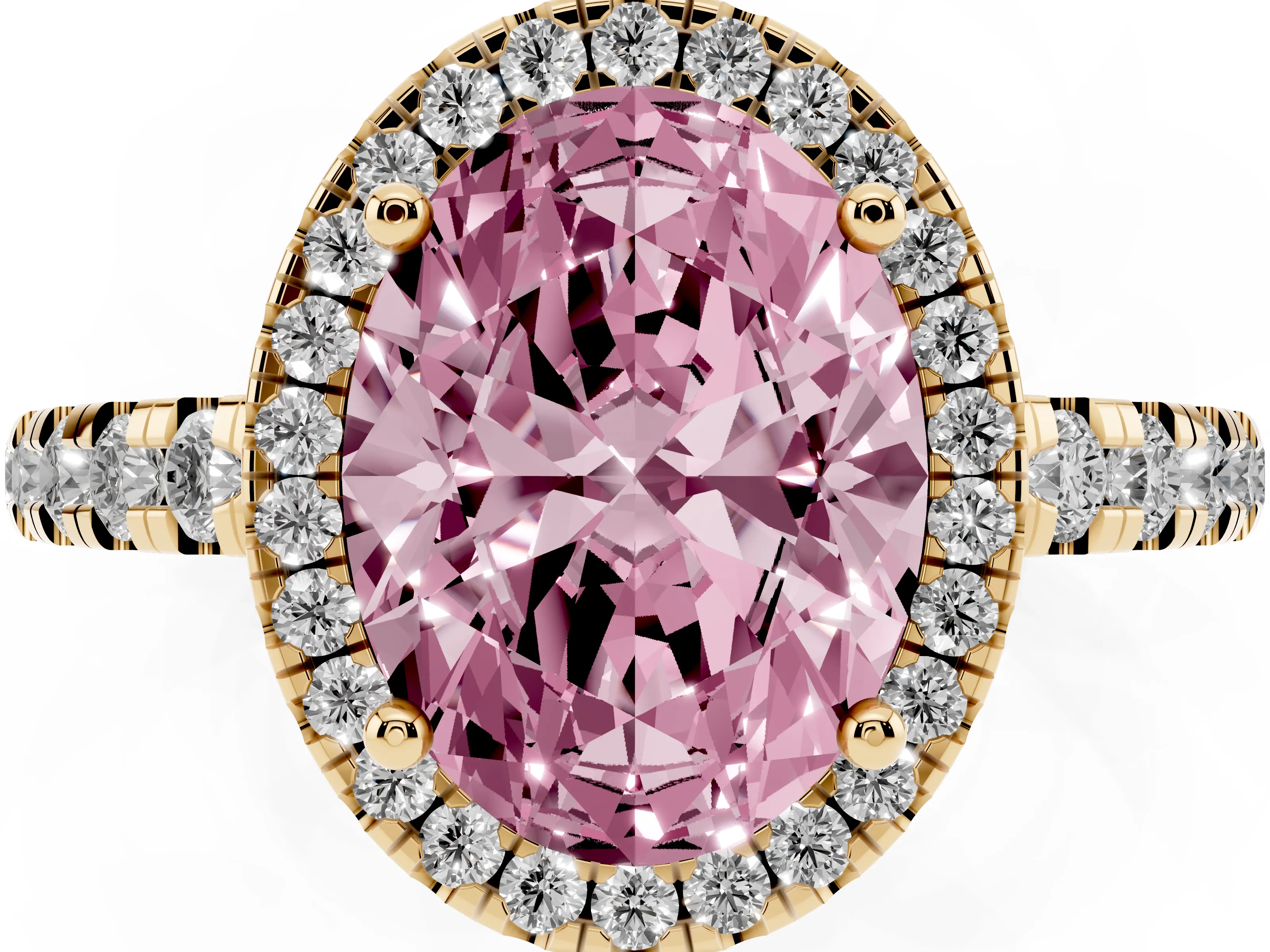 Fancy Pink Oval Cut Diamond Halo Ring Set in Yellow gold with Delicate Pavé Band and Prong Setting