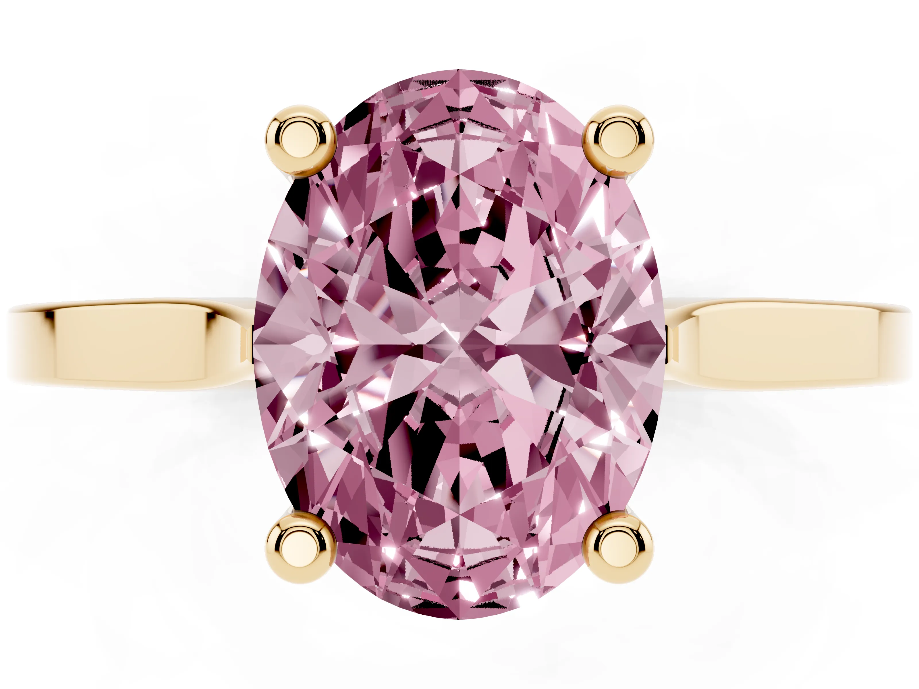 Fancy Pink Oval Cut Diamond Solitaire Ring Set in Yellow gold with Prong Setting and Tapered Band