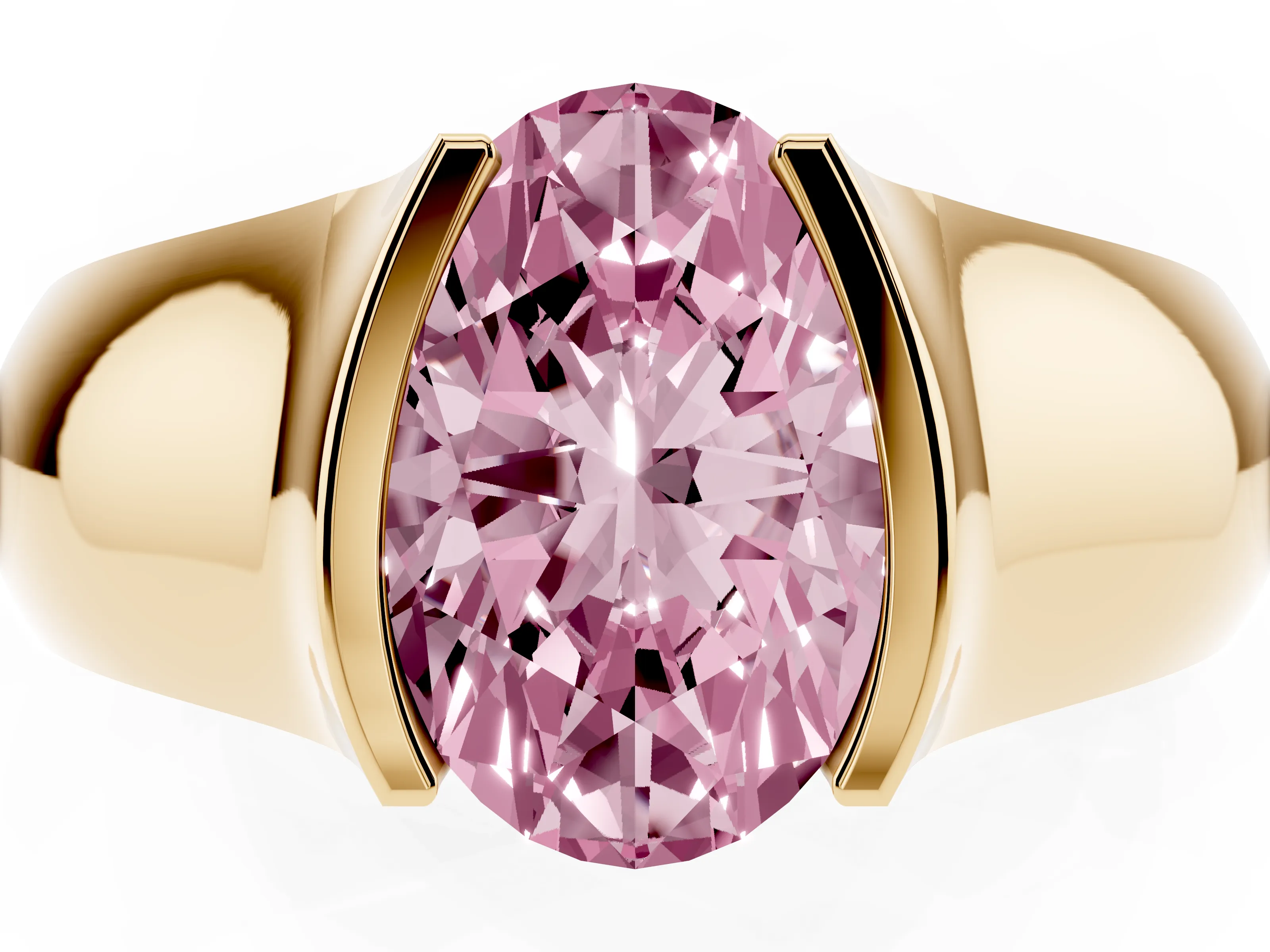 Fancy Pink Oval Cut Diamond Bezel Solitaire Ring Set in Yellow gold with Wide Band