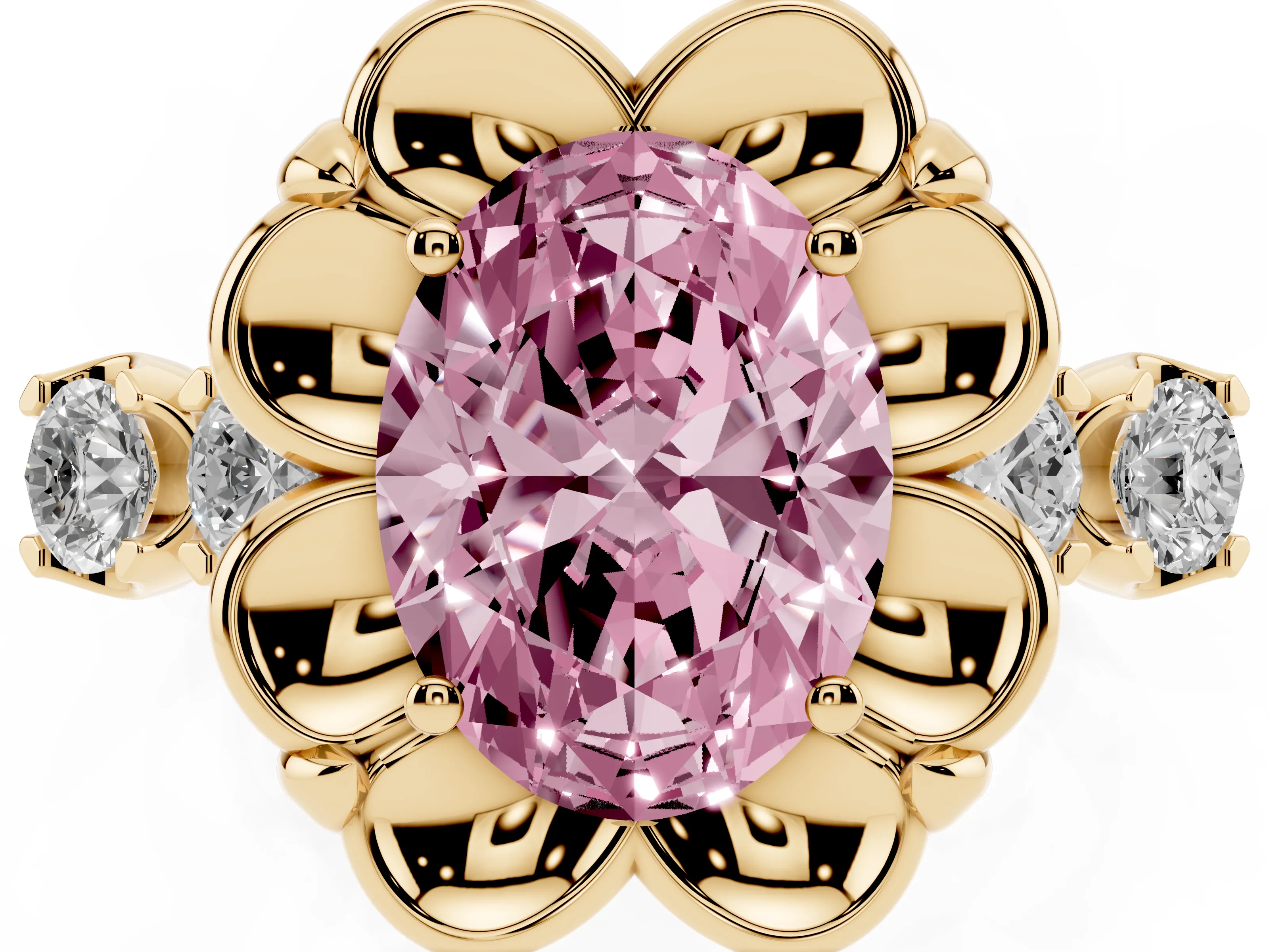 Fancy Pink Oval Cut Diamond Floral Halo Ring Set in Yellow gold with Shared Prong Band