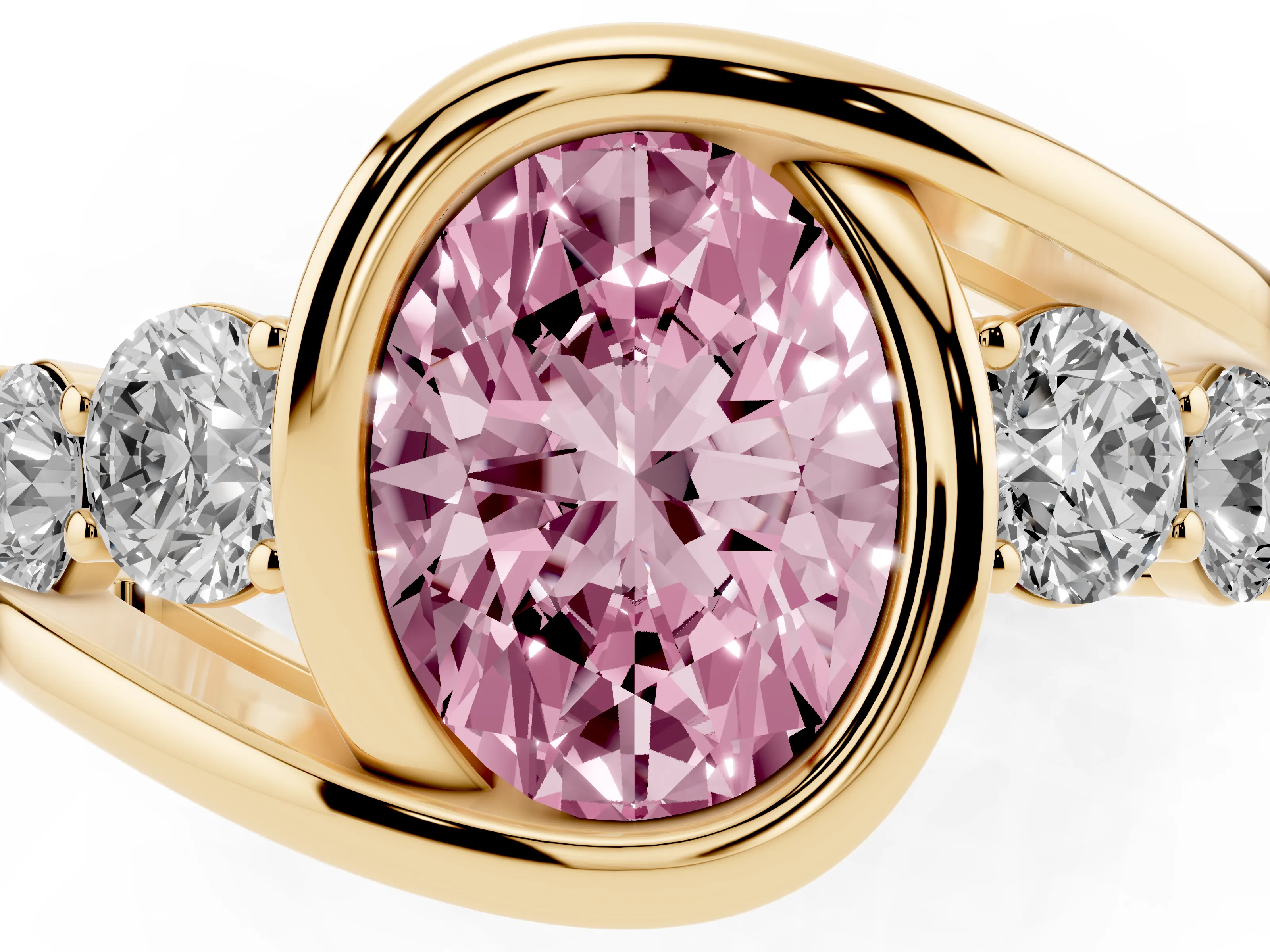Fancy Pink Oval Cut Diamond Bezel Bypass Ring Set in Yellow gold with Round Accents