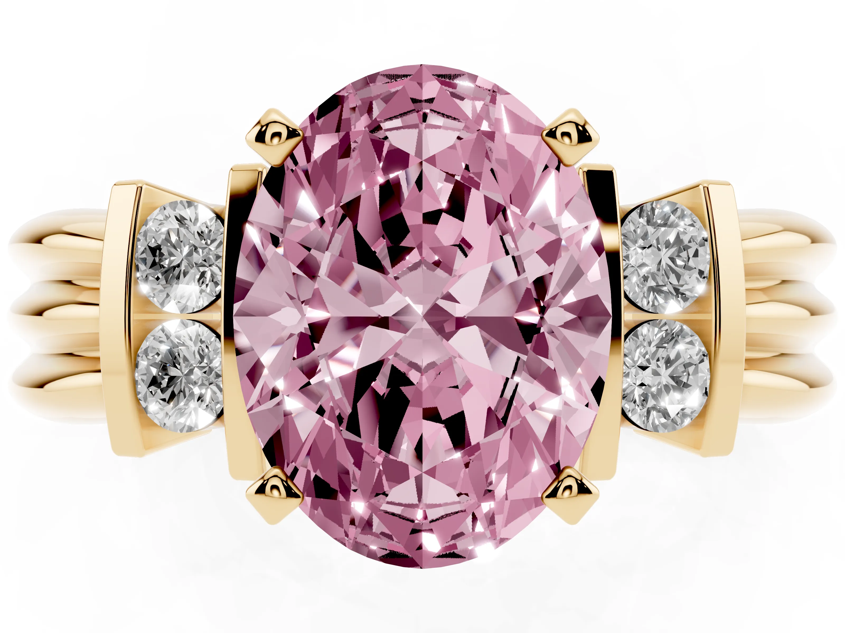 Fancy Pink Three-Stone Oval Cut Diamond Channel Set Ring Set in Yellow gold with Bar Prongs