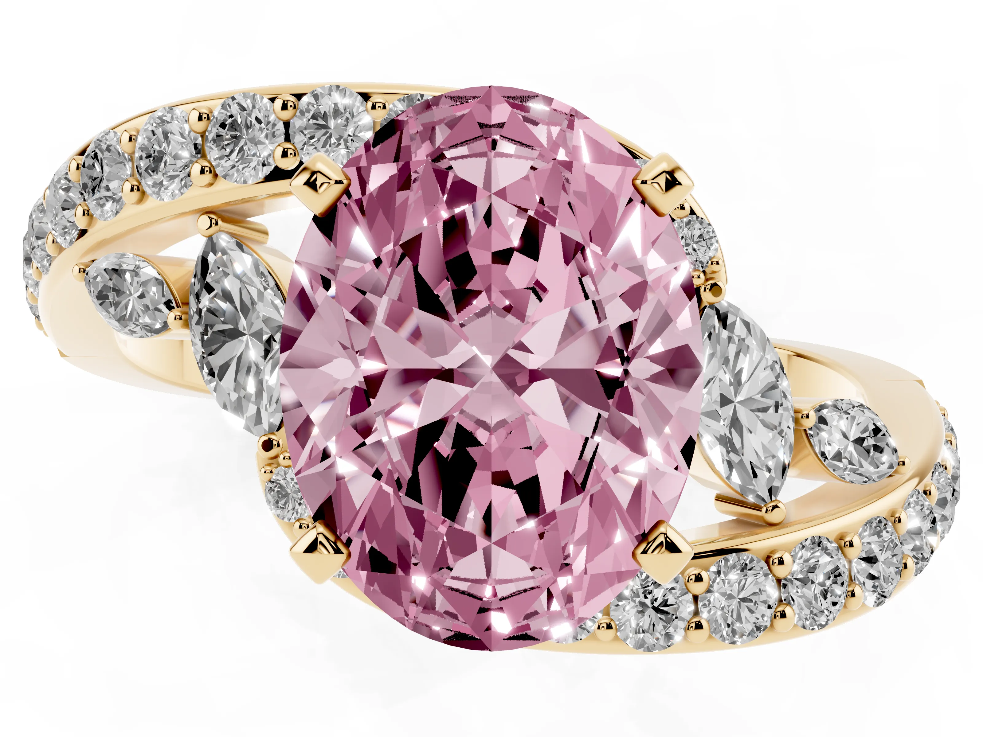 Fancy Pink Oval Cut Diamond Solitaire Ring Set in Yellow gold with Pavé Twist Band and Secure Prong Setting