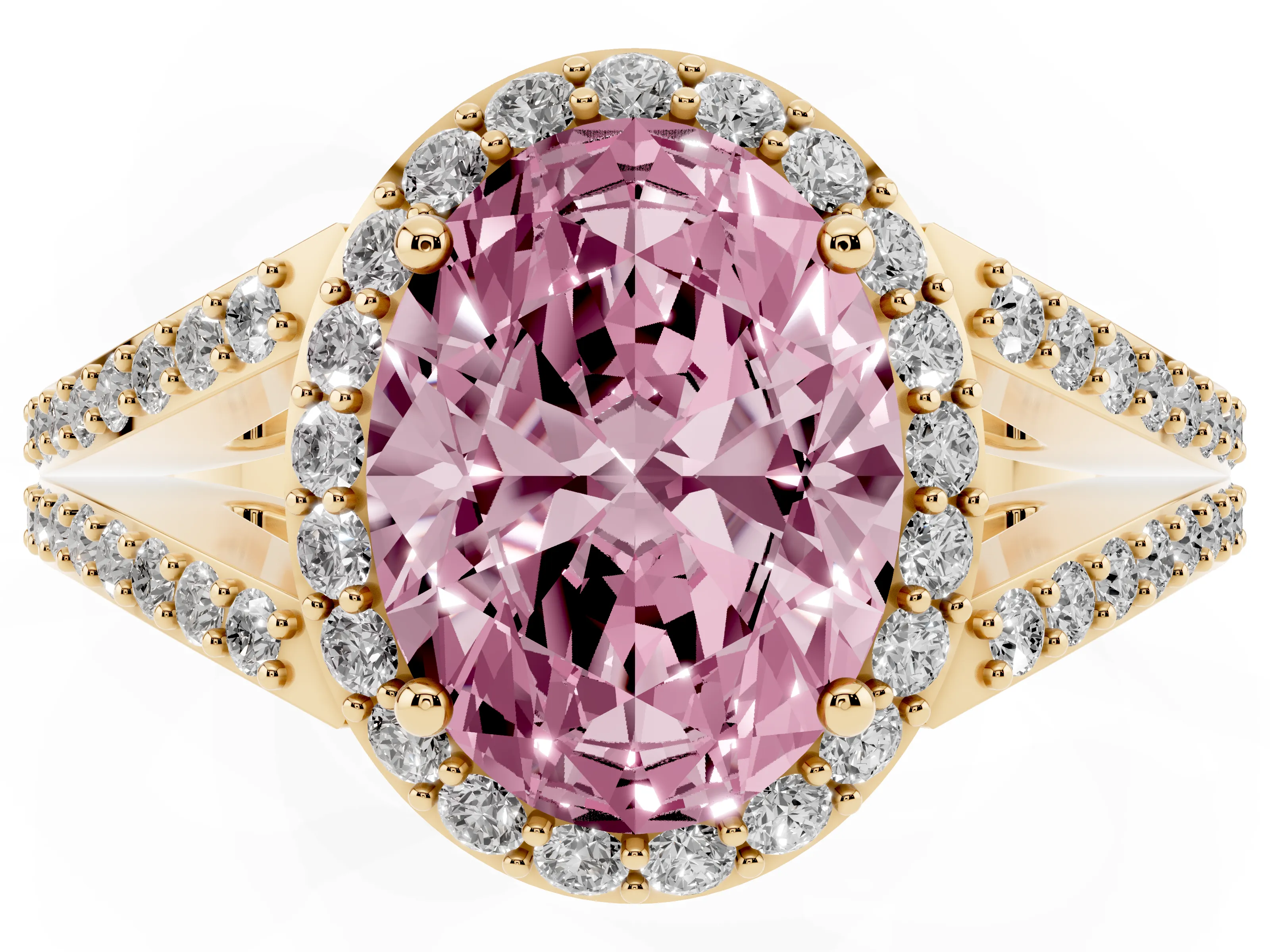 Fancy Pink Oval Cut Diamond Halo Split Shank Ring Set in Yellow gold with Accent Stones and Prong Setting