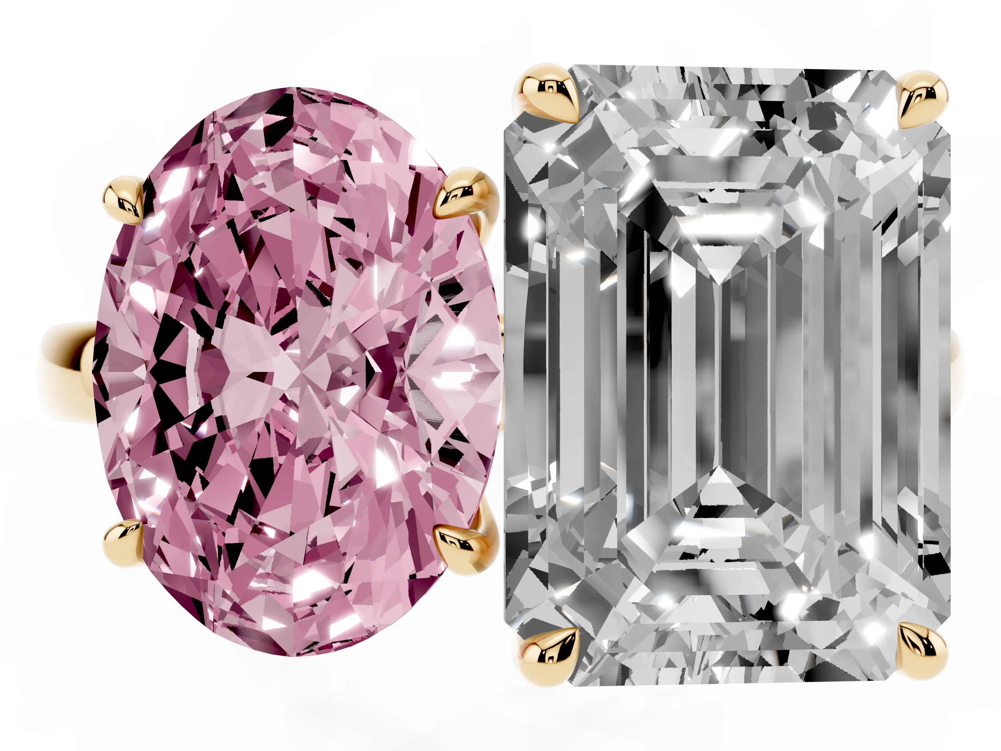 Fancy Pink Oval Cut and Emerald Cut Toi Moi Ring Set in Yellow gold with Prong Setting