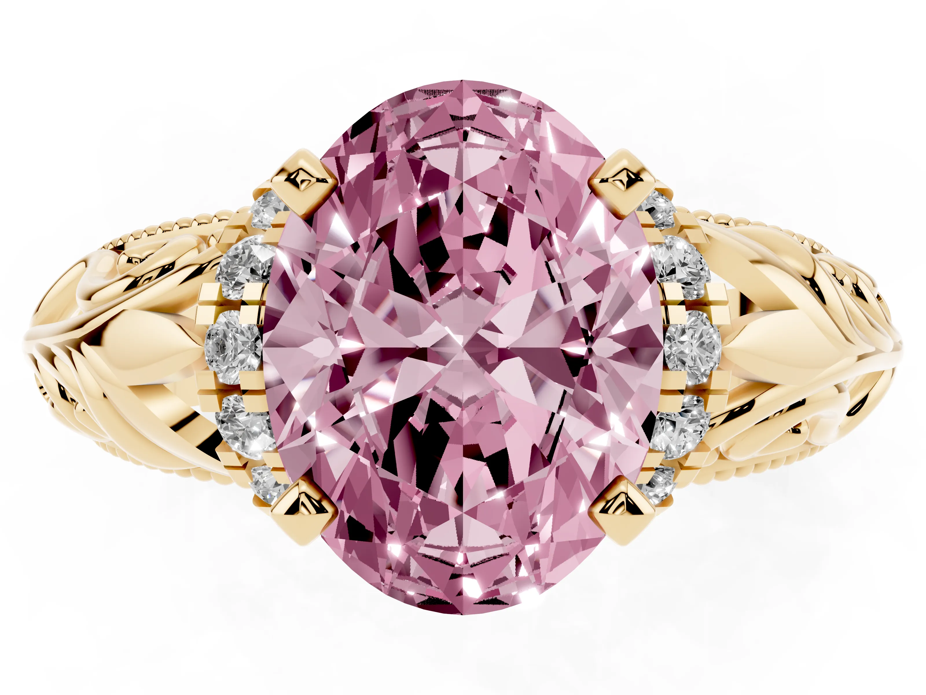 Fancy Pink Oval Cut Diamond Filigree Halo Engagement Ring Set in Yellow gold with Prong Setting