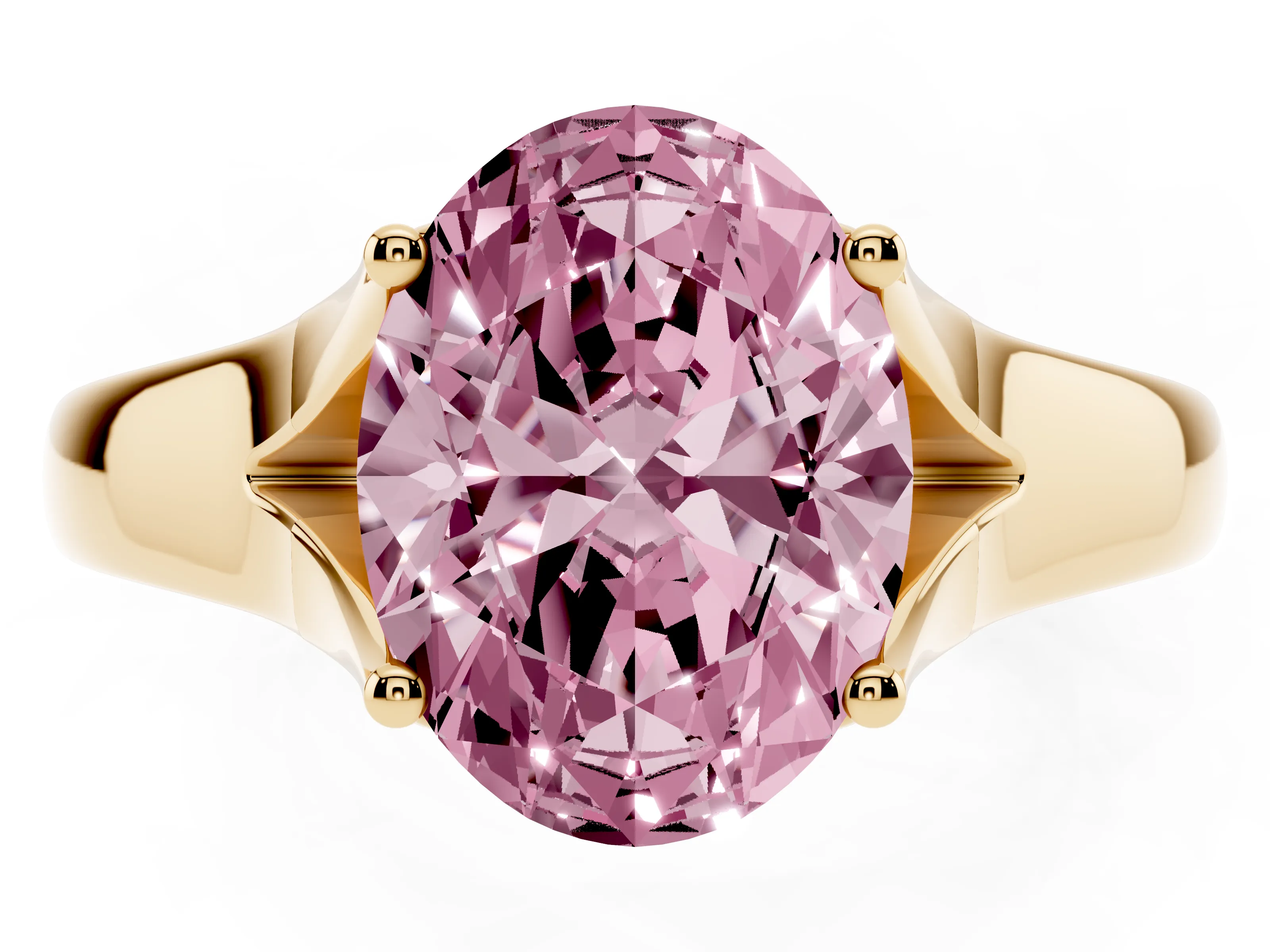 Fancy Pink Oval Cut Diamond Solitaire Ring Set in Yellow gold with Arched Cathedral Band and Prong Setting