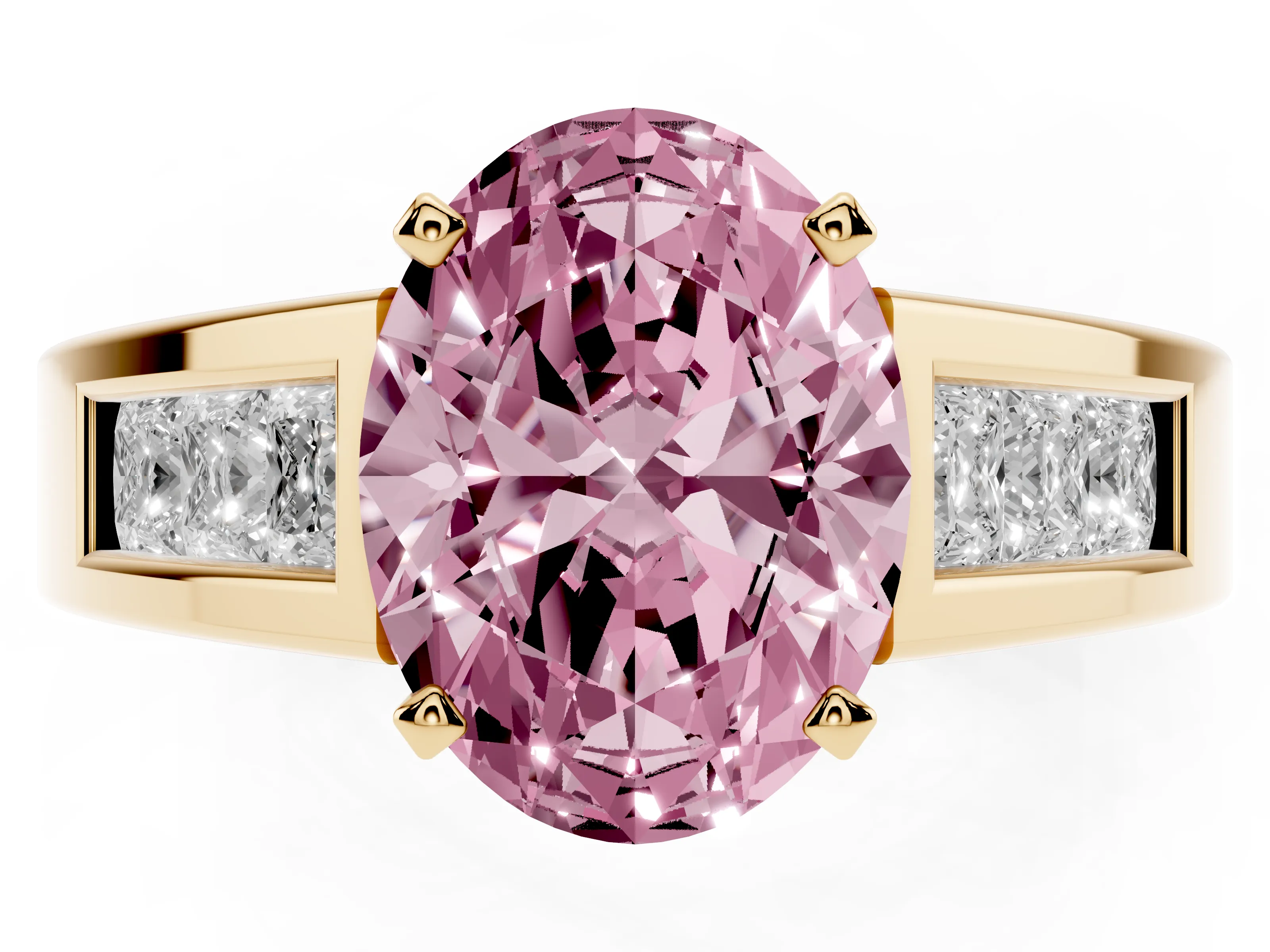Fancy Pink Oval Cut Diamond Solitaire Ring Set in Yellow gold with Channel-Set Accent Stones and Prong Setting