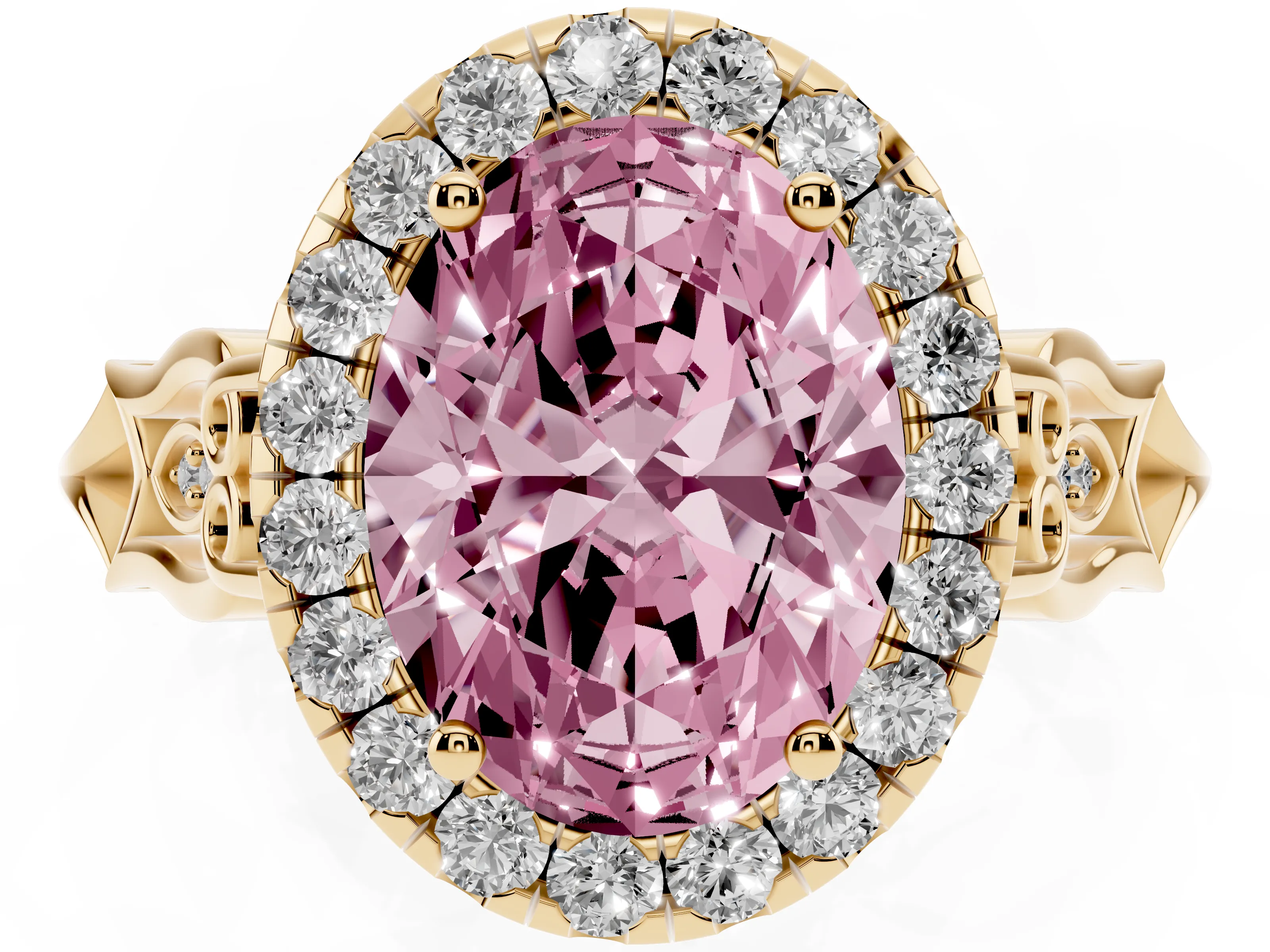 Fancy Pink Oval Cut Diamond Halo Engagement Ring Set in Yellow gold with Filigree Band and Prong-Set Center