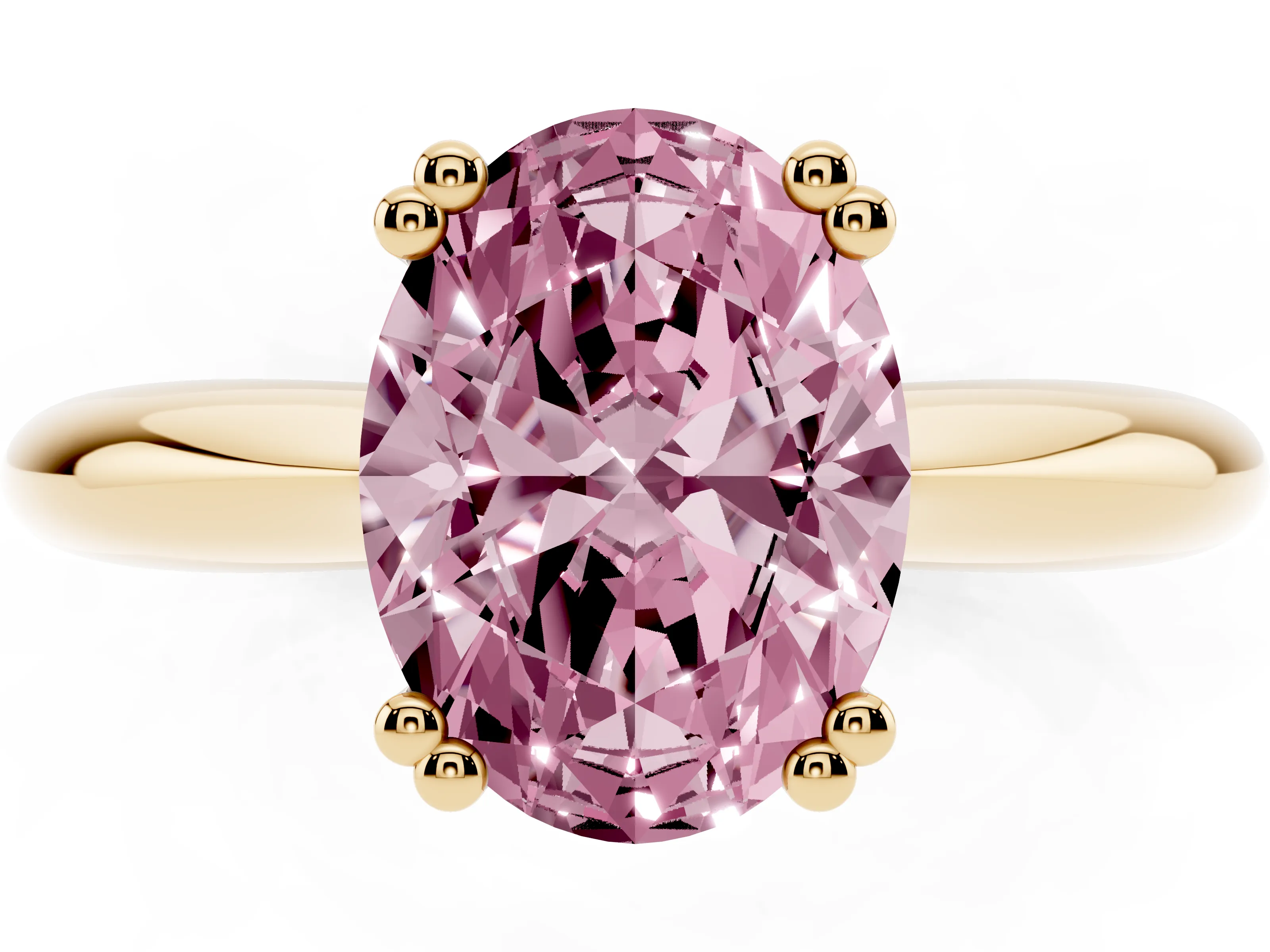 Fancy Pink Oval Cut Diamond Solitaire Engagement Ring Set in Yellow gold with Tapered Band and Prong Setting