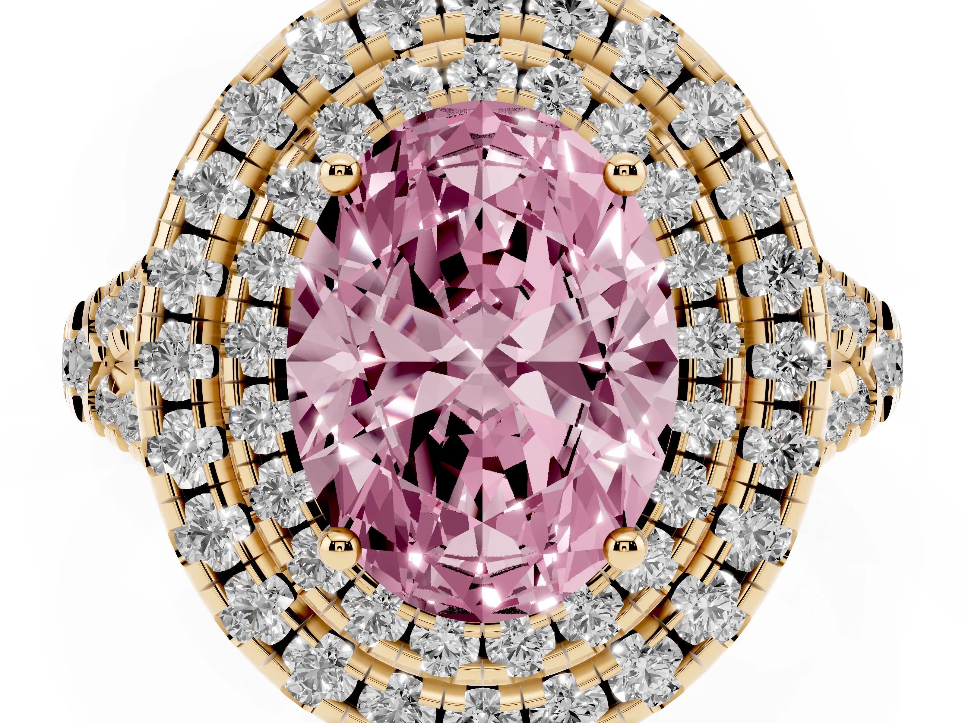 Fancy Pink Oval Cut Diamond Double Halo Ring Set in Yellow gold with Pavé Split Shank and Prong Setting