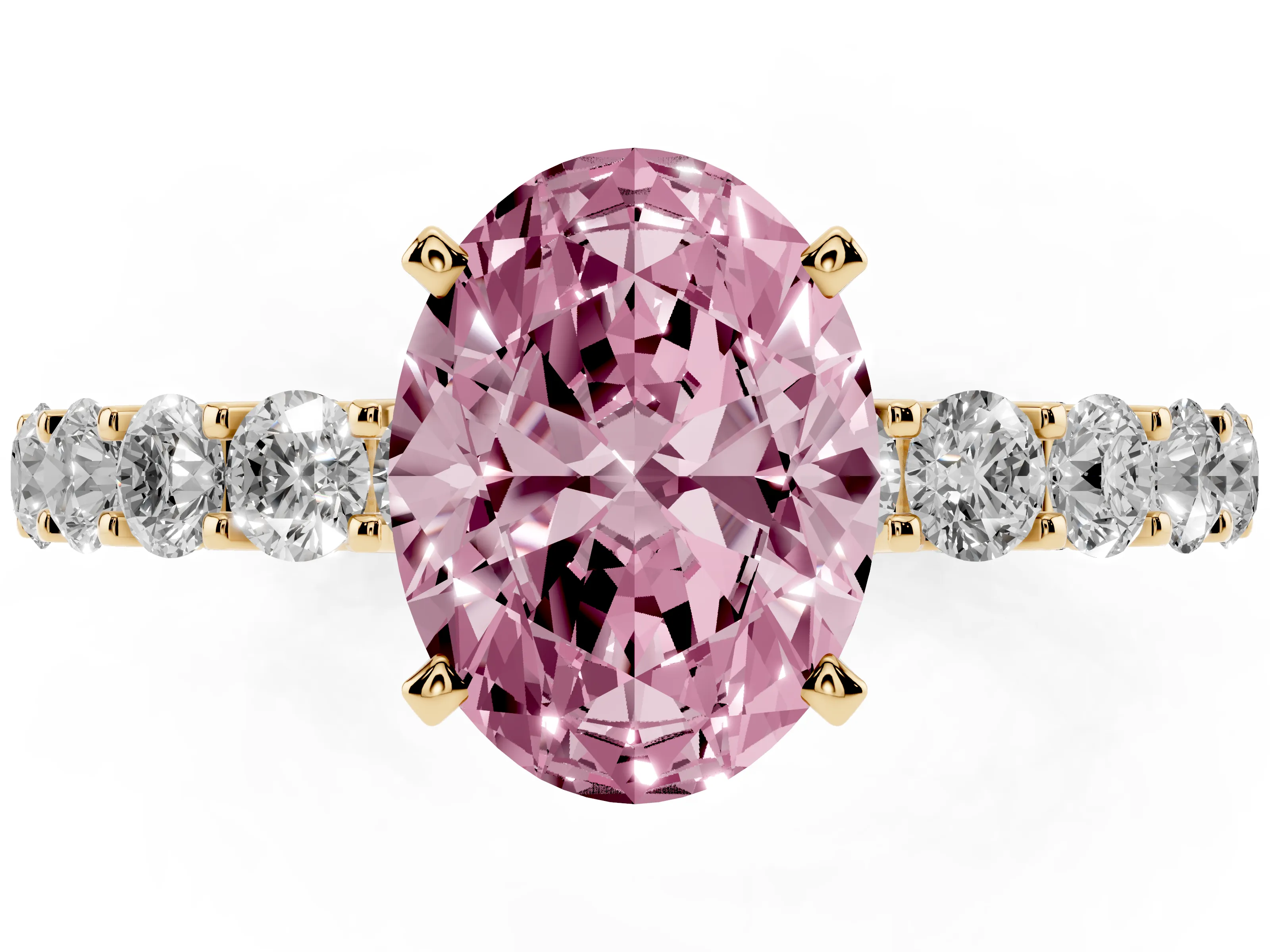 Fancy Pink Oval Cut Diamond Solitaire Ring Set in Yellow gold with Shared Prong Pavé Band