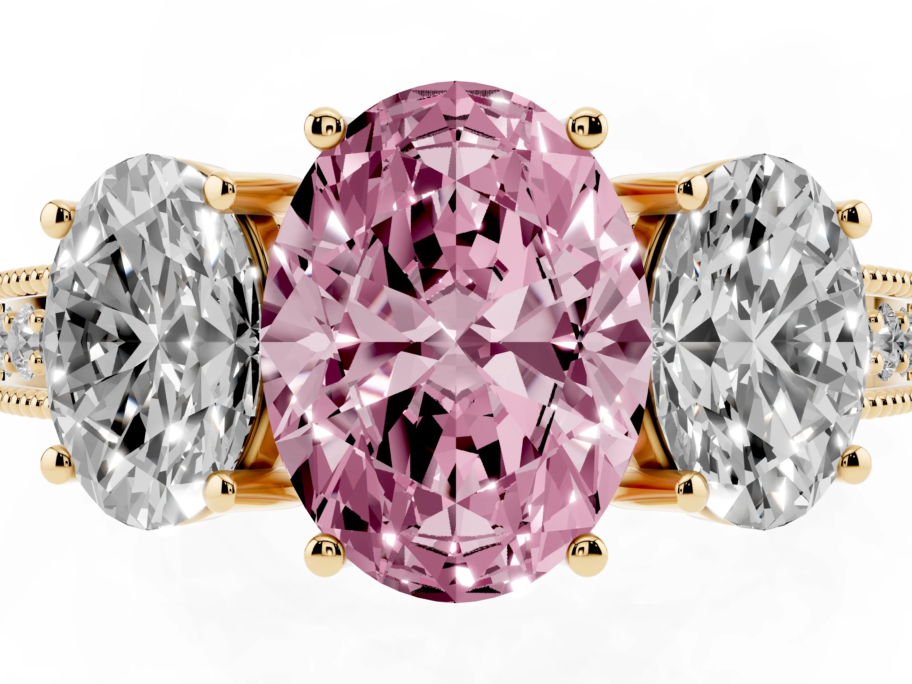 Fancy Pink Oval Cut Diamond Three-Stone Engagement Ring Set in Yellow gold with Milgrain Pavé Band