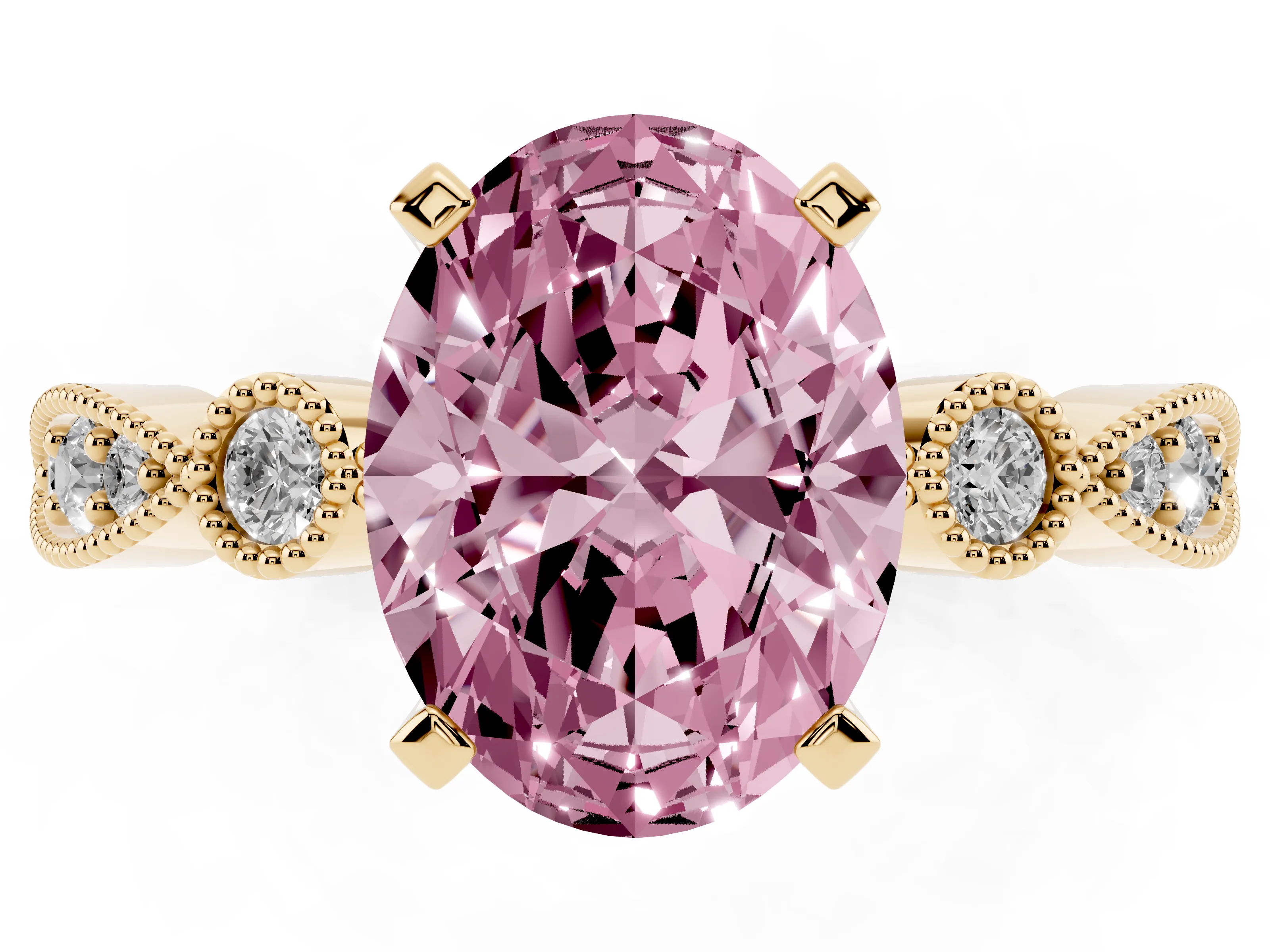 Fancy Pink Oval Cut Diamond Solitaire Engagement Ring Set in Yellow gold with Milgrain Bezel Accent Band