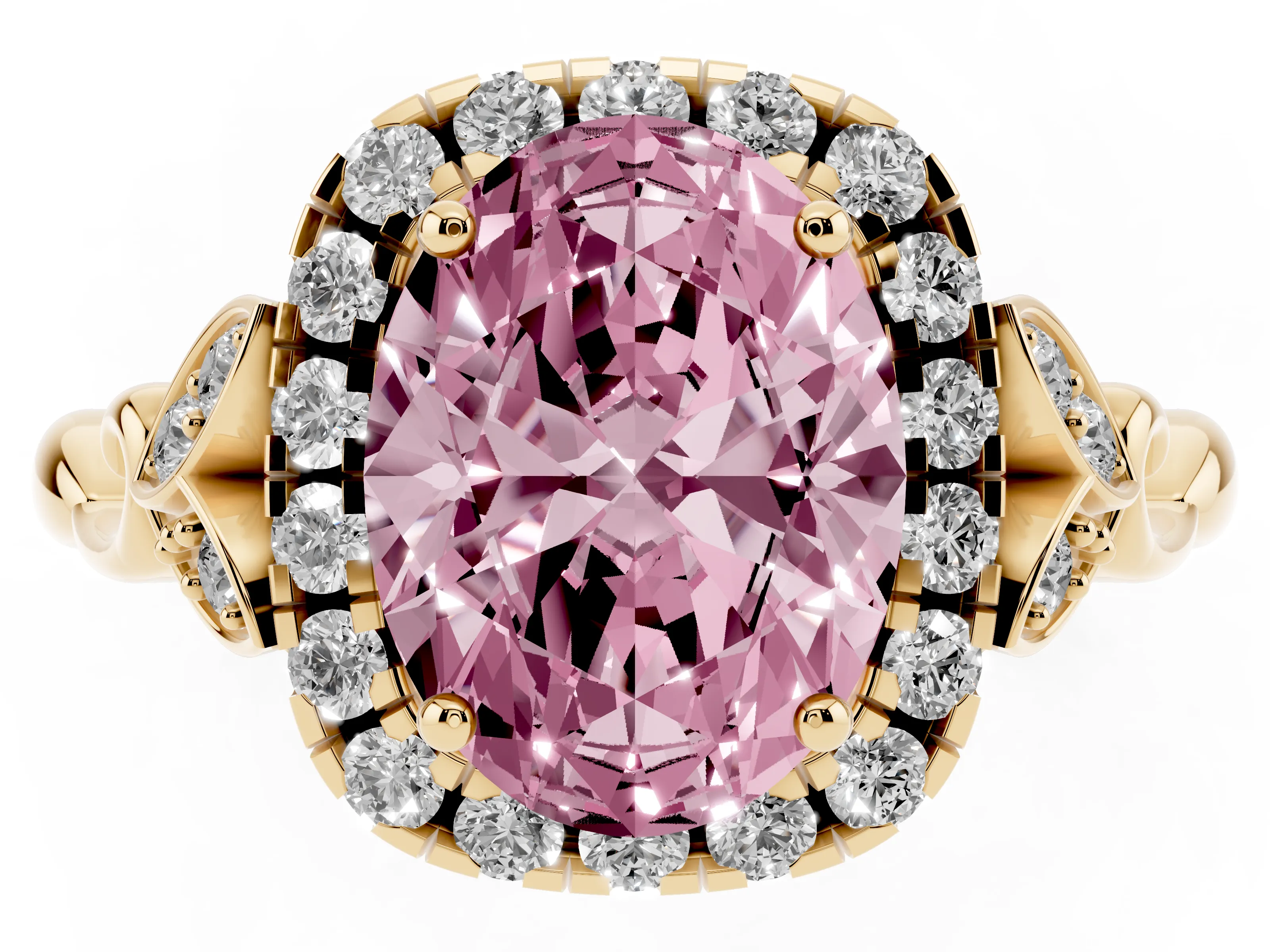 Fancy Pink Oval Cut Diamond Halo Engagement Ring Set in Yellow gold with Vintage-Inspired Band and Prong Setting